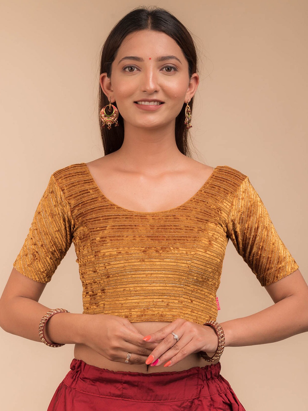 

Bindigasm's Advi Self-Design Stripes Fancy Back Saree Blouse, Gold
