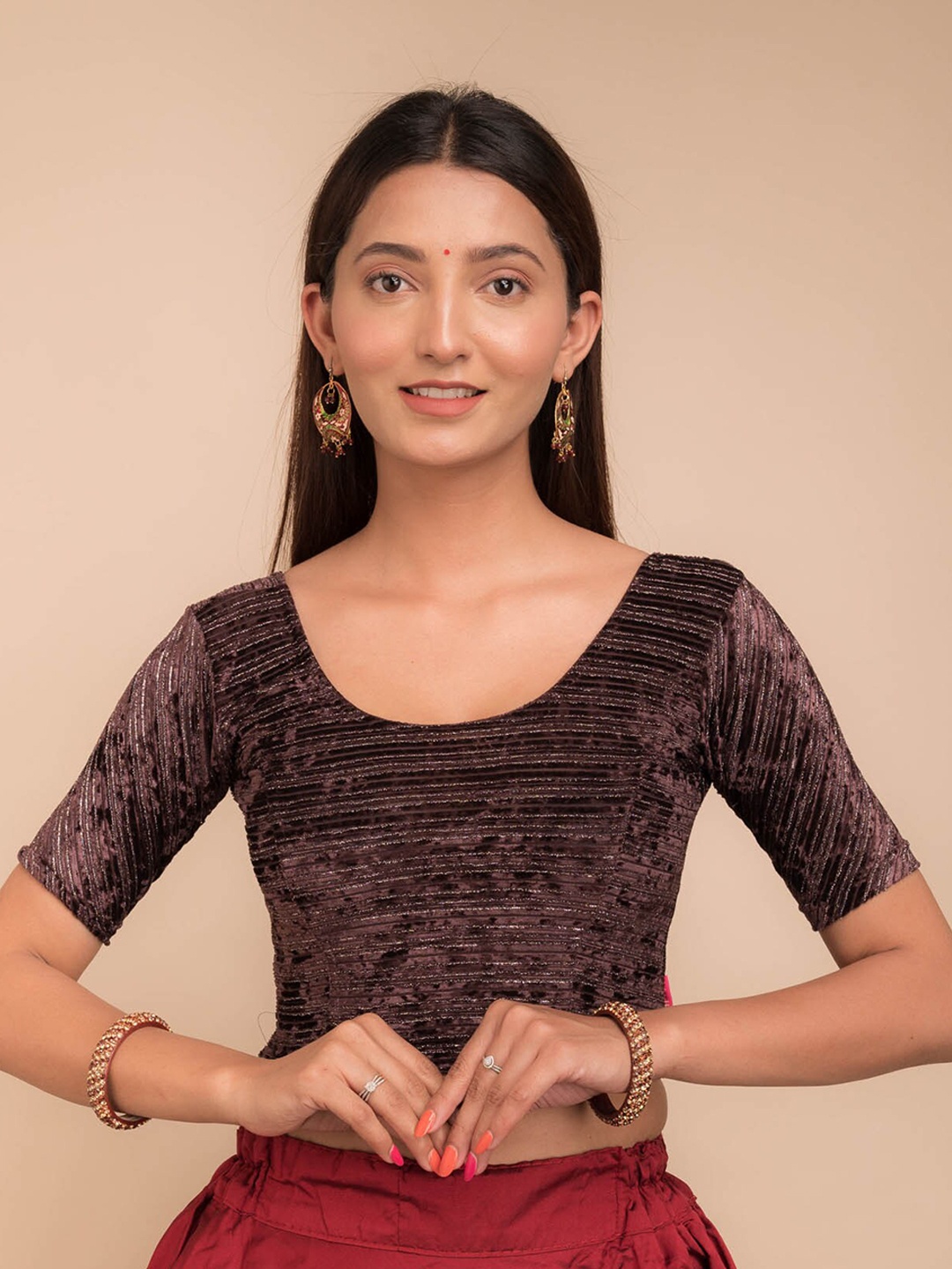 

Bindigasm's Advi Woven Design Round Neck Saree Blouse, Coffee brown