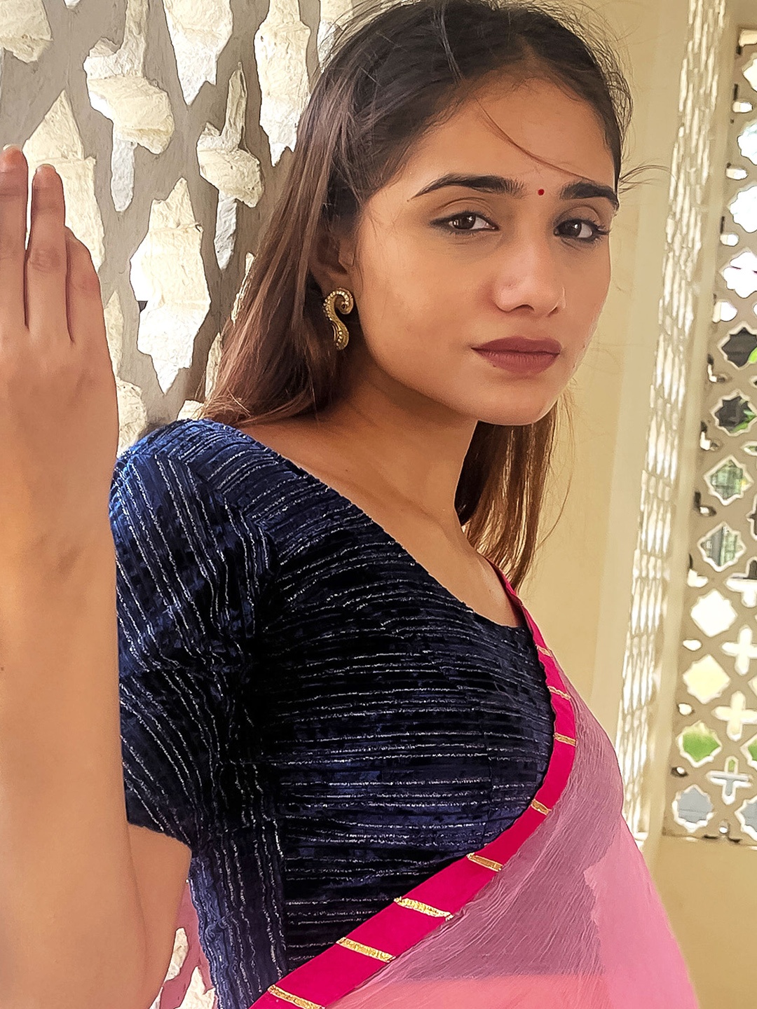 

Bindigasm's Advi Woven Design Round Neck Saree Blouse, Navy blue