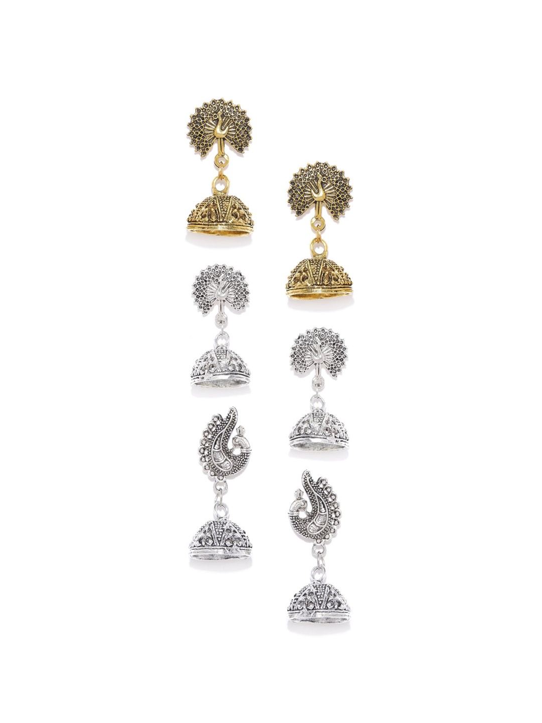 

Sangria Set Of 3 Silver-Plated Oxidised Dome-Shaped Jhumka