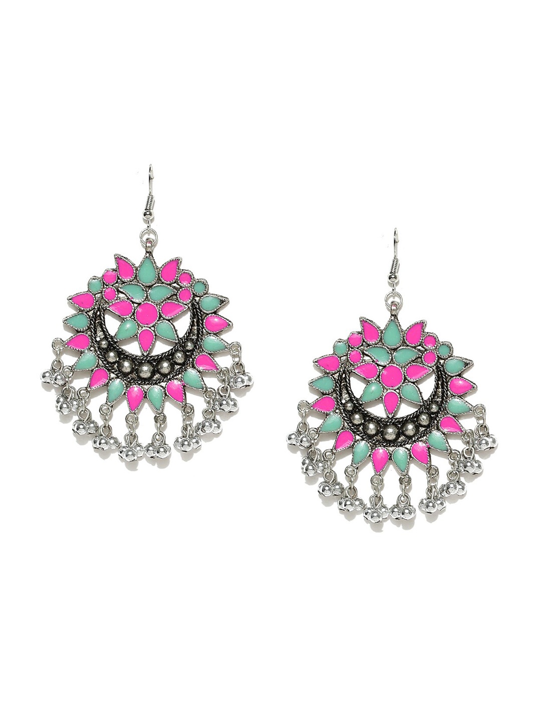 

Sangria Silver & Pink Silver-Plated Crescent Shaped Chandbalis