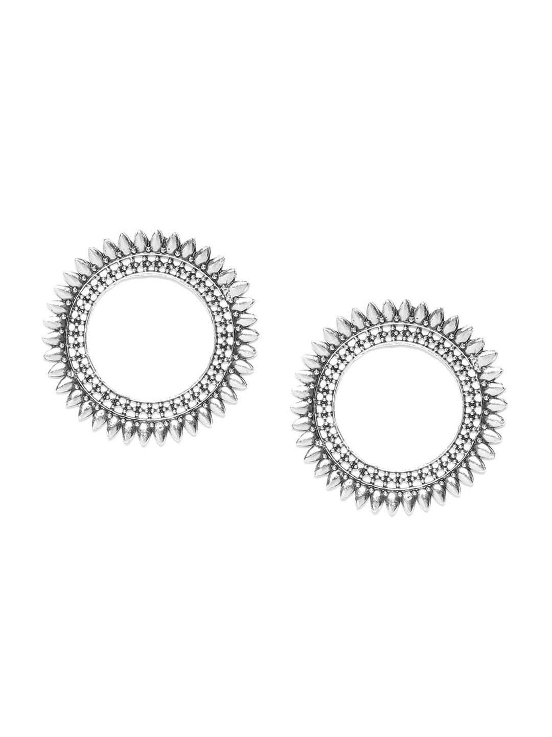 

Sangria Silver-Plated Textured Circular-Shaped Oxidised Drop Earrings