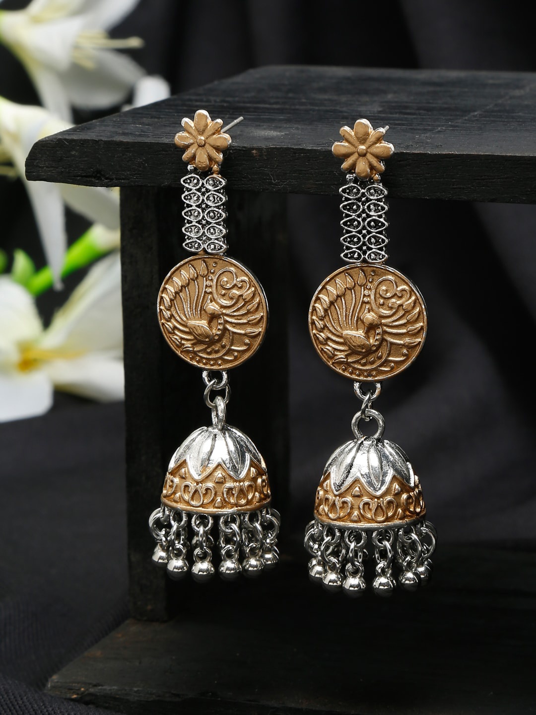 

Sangria Silver-Plated Stone-Studded Jhumka Earrings