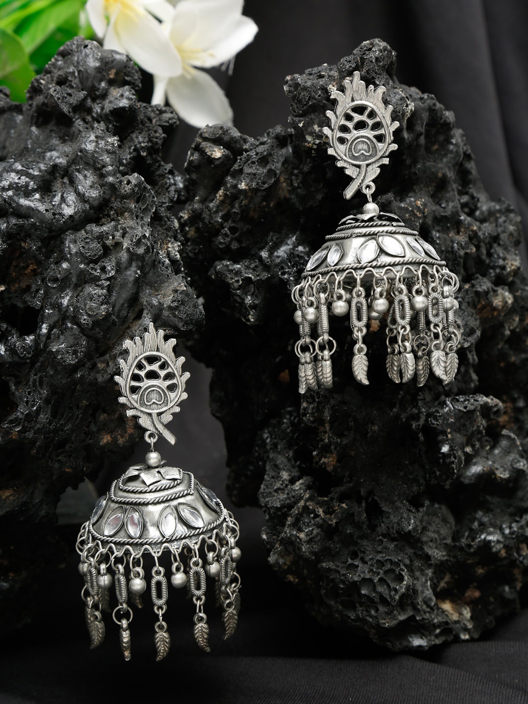 

Sangria Silver-Plated Contemporary Shaped Studded Oxidised Jhumka