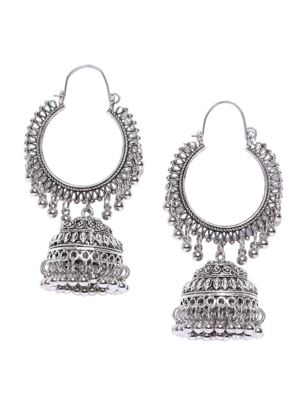 

Sangria Silver-Plated Oxidised Contemporary Jhumkas Earrings