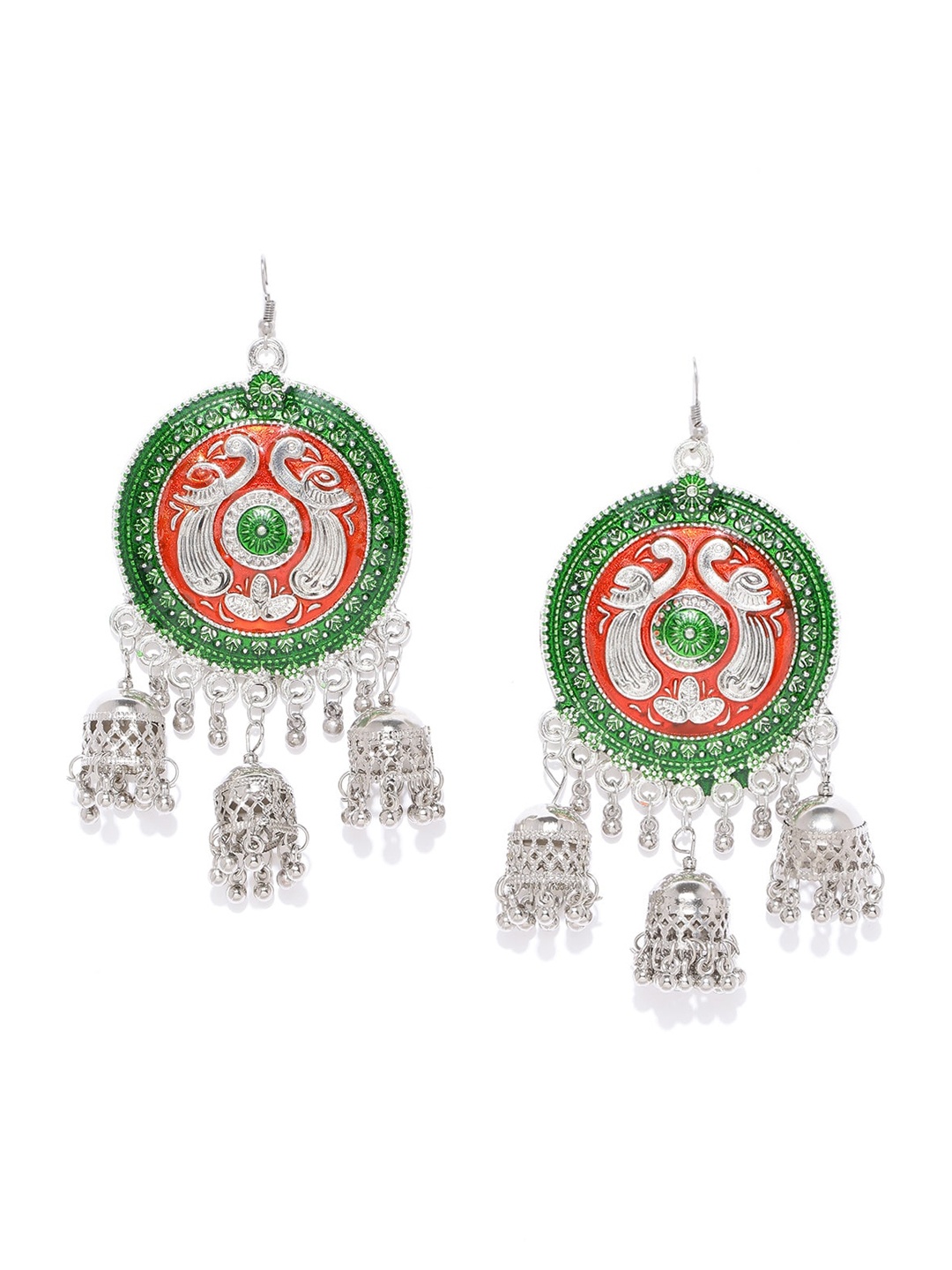 

Sangria Silver-Plated Oxidised Stone Beaded Enamelled Circular Jhumkas Earrings