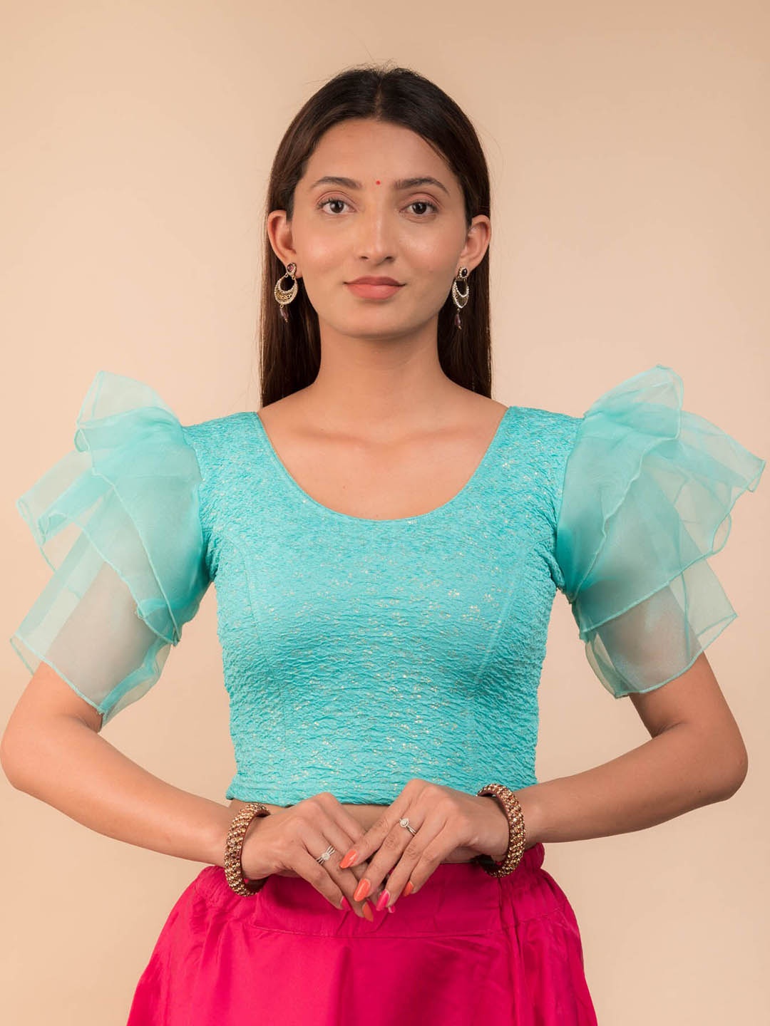 

Bindigasm's Advi Foil Printed Frill Sleeves Saree Blouse, Turquoise blue