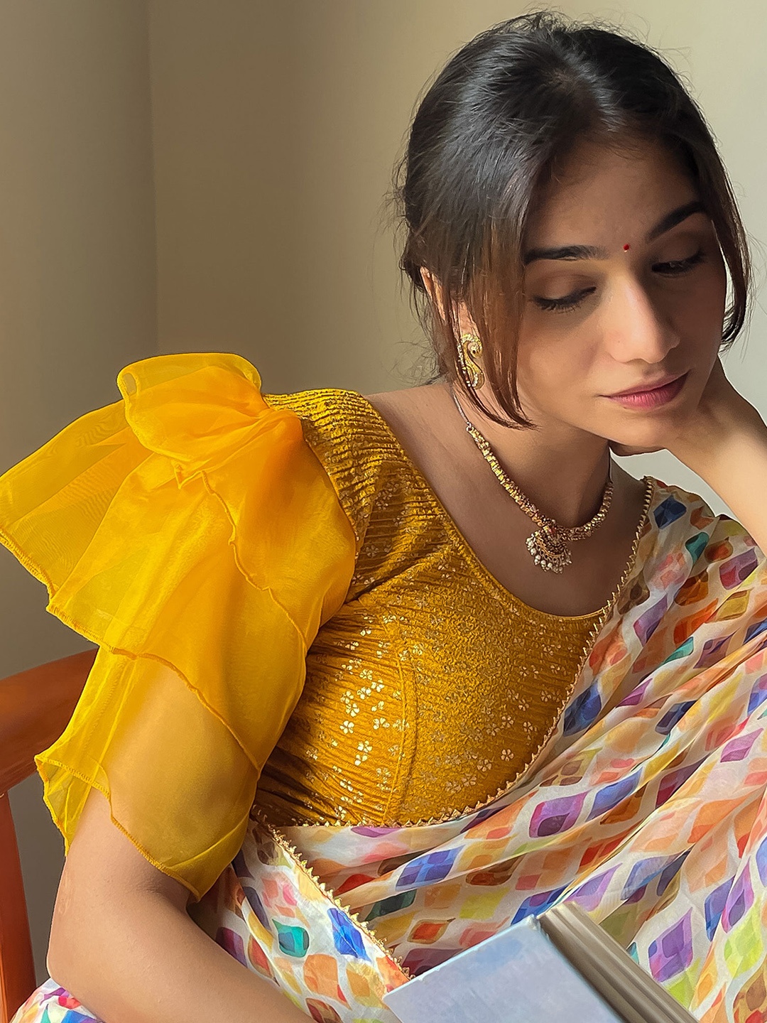 

Bindigasm's Advi Foil Printed Frill Sleeves Saree Blouse, Mustard