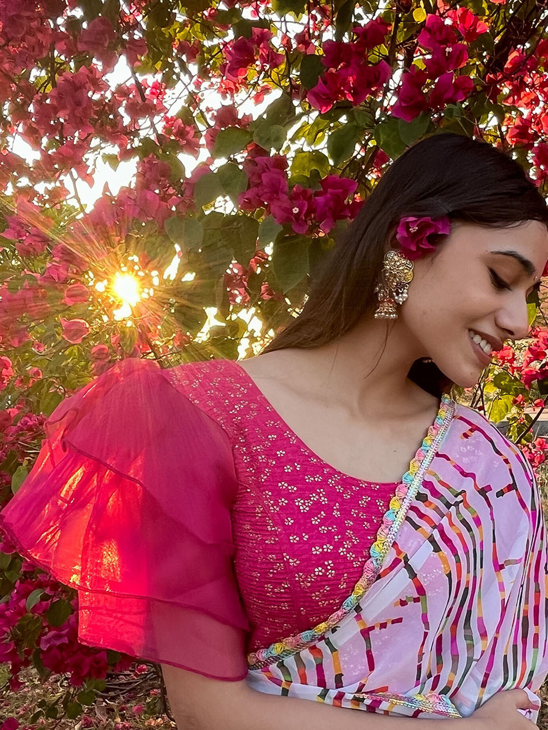 

Bindigasm's Advi Floral Foil Printed Ruffles Sleeves Jacquard Saree Blouse, Pink