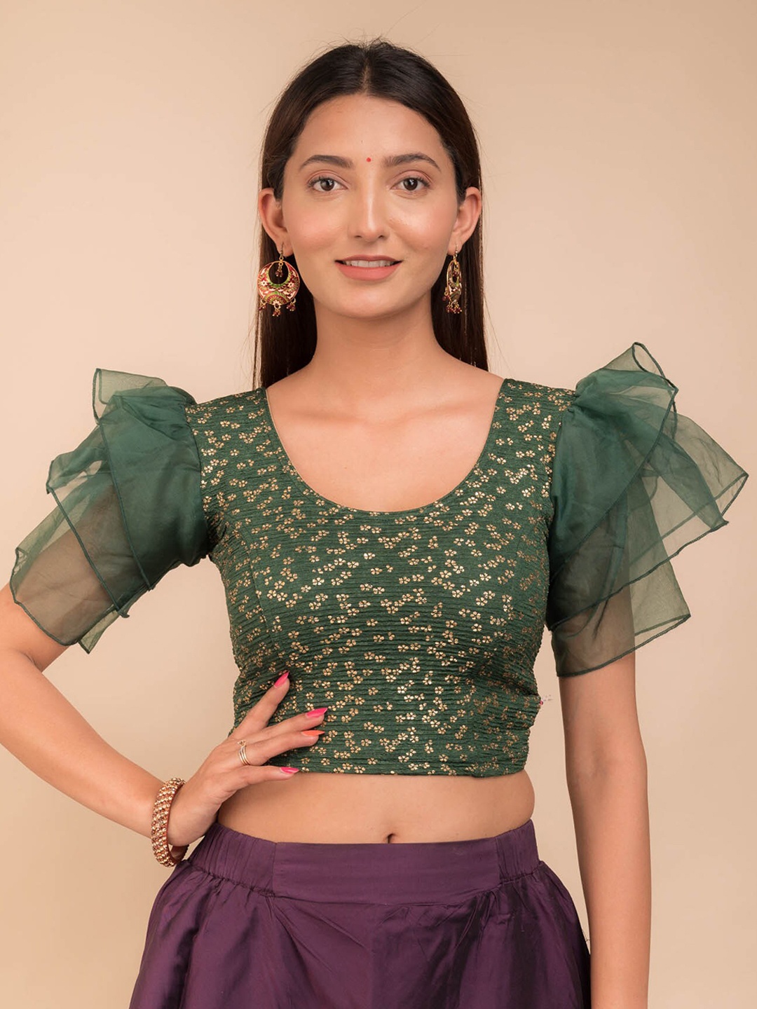 

Bindigasm's Advi Floral Foil Printed Ruffles Sleeves Jacquard Saree Blouse, Green