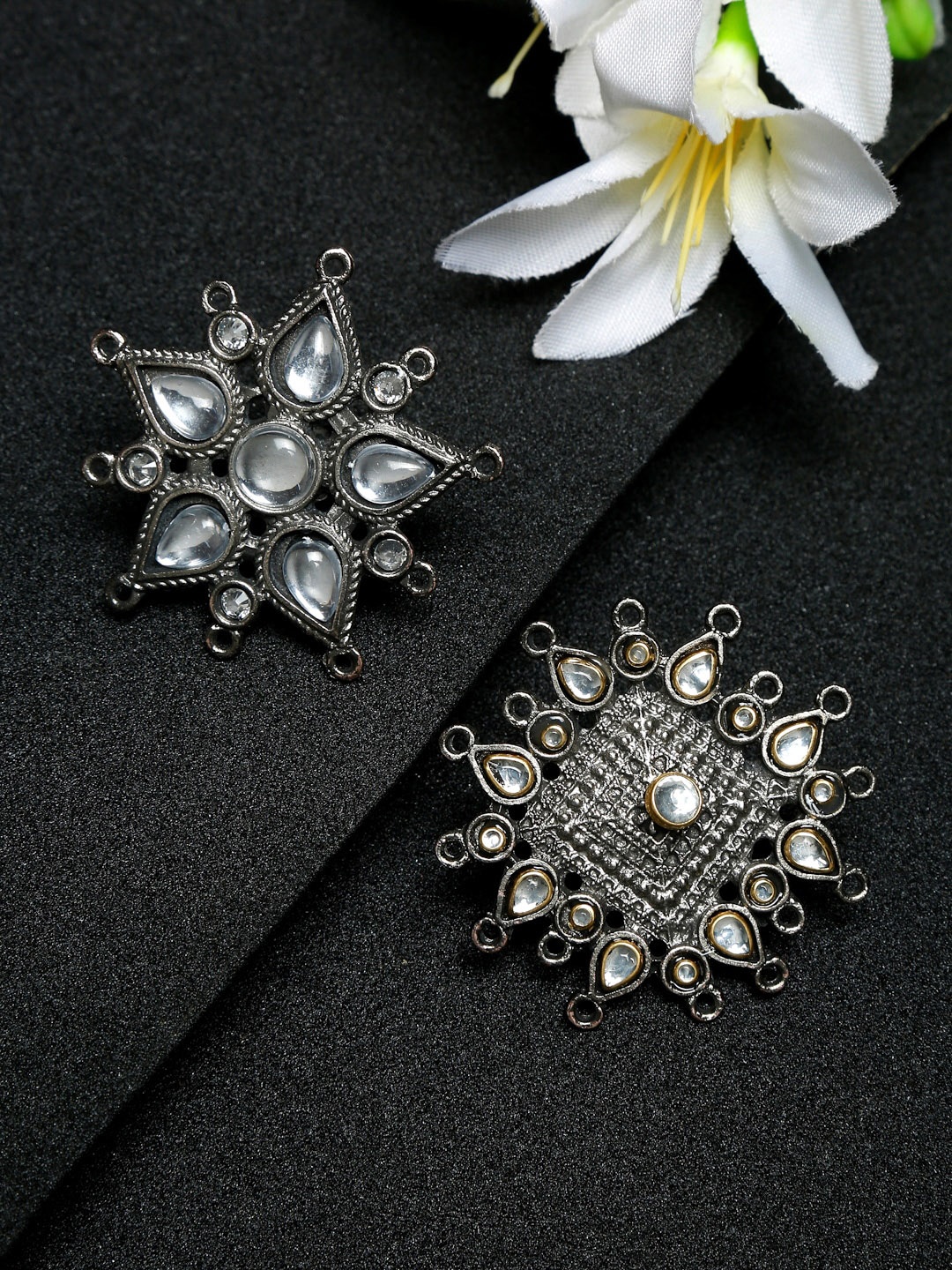 

Sangria Women Set Of 2 Silver-Plated Oxidized Stone-Studded Rings