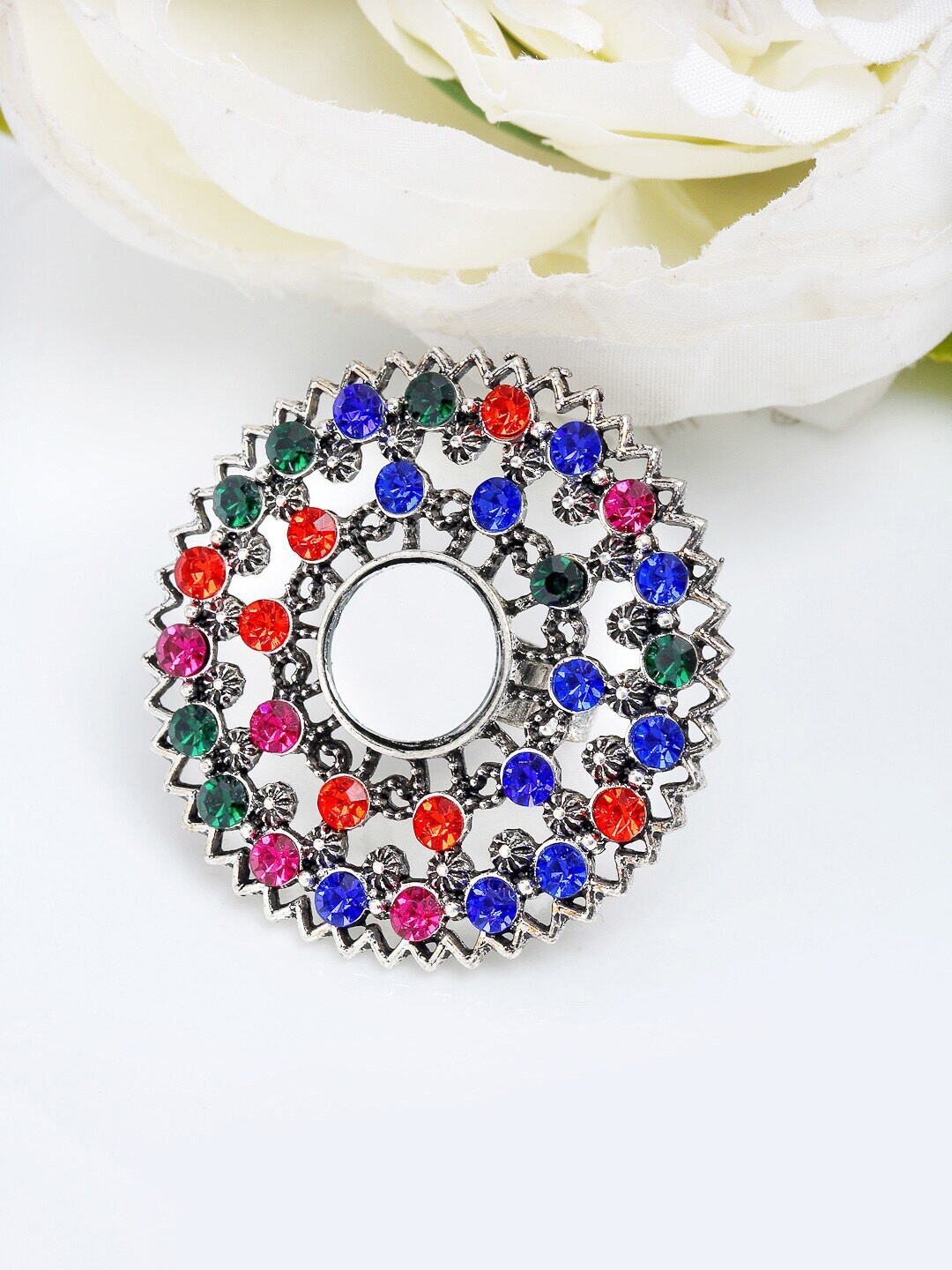 

Sangria Silver-Plated Red & Blue Stone Studded Afghan Finger Ring