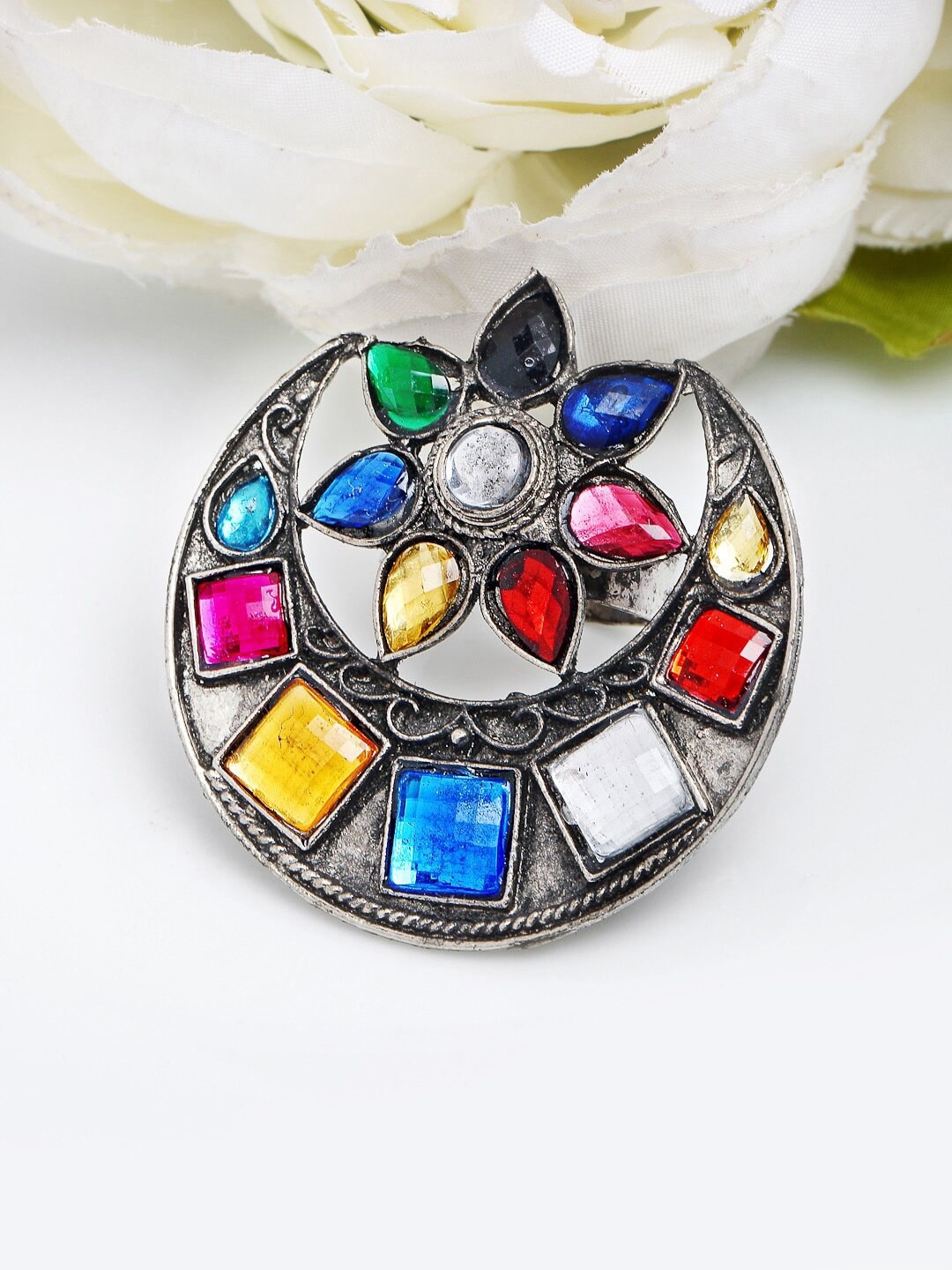 

Sangria Silver-Plated Red & Blue Stone-Studded Afgan Adjustable Finger Ring