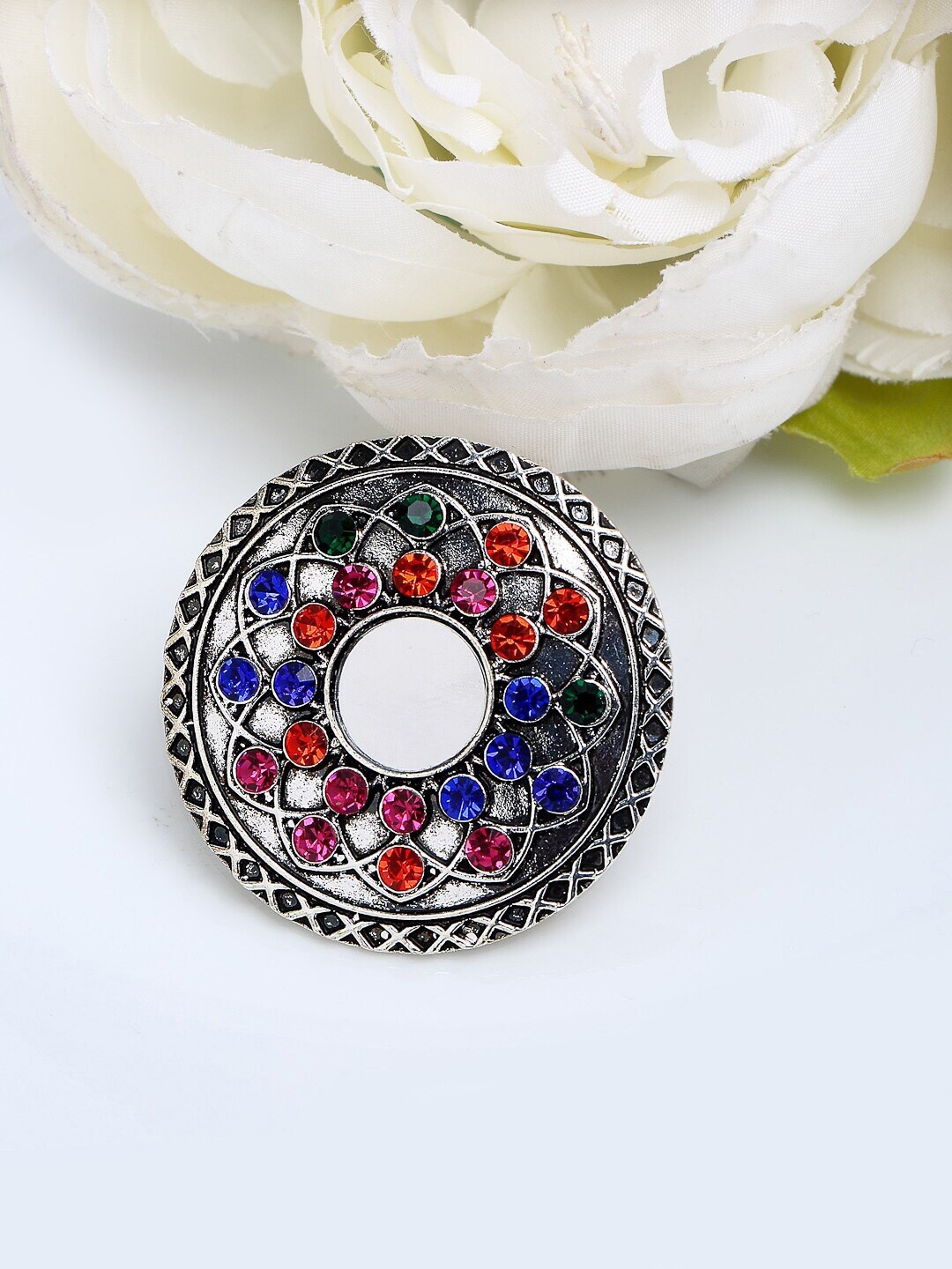 

Sangria Silver-Plated Red & Blue Stone-Studded Adjustable Finger Ring