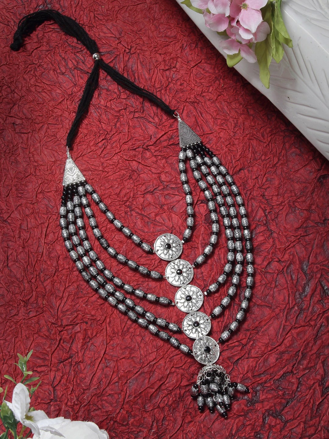 

Sangria Silver-Plated Stone Beaded Oxidised Necklace