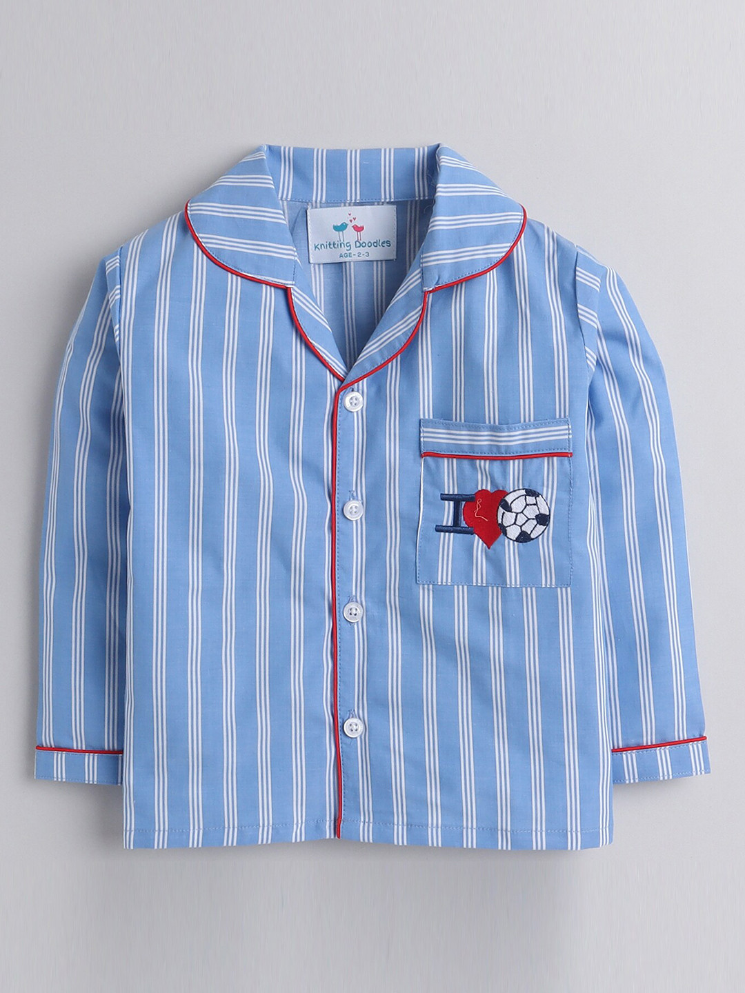 

Knitting Doodles Kids Blue Striped Night suit
