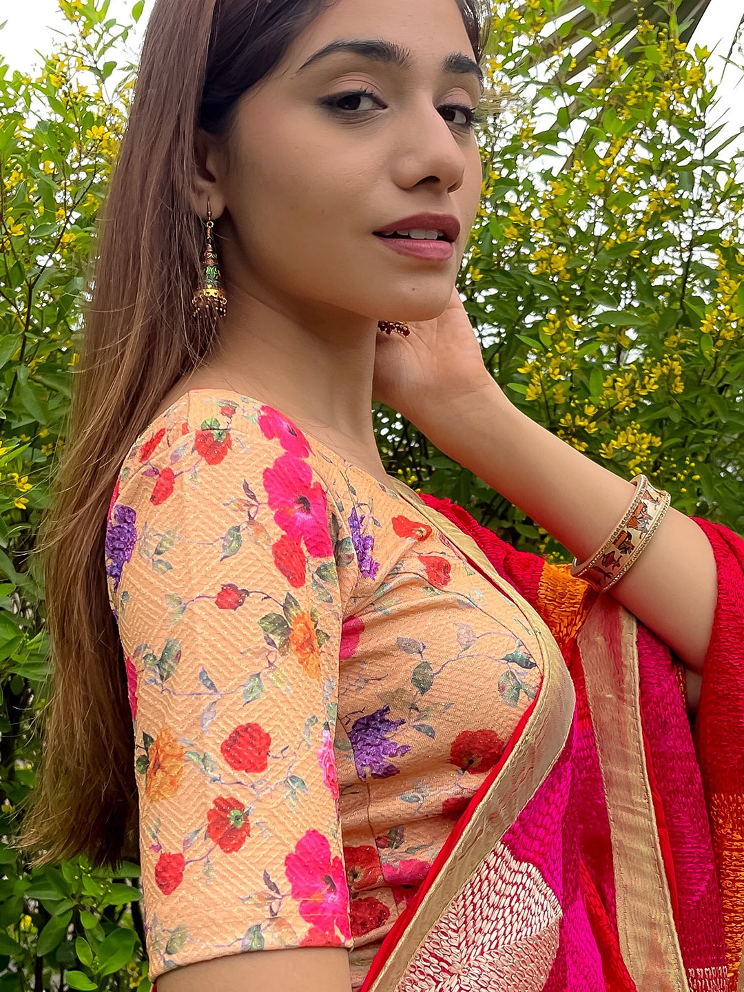 

Bindigasm's Advi Floral Printed Zari Jacquard & Lycra Saree Blouse, Peach