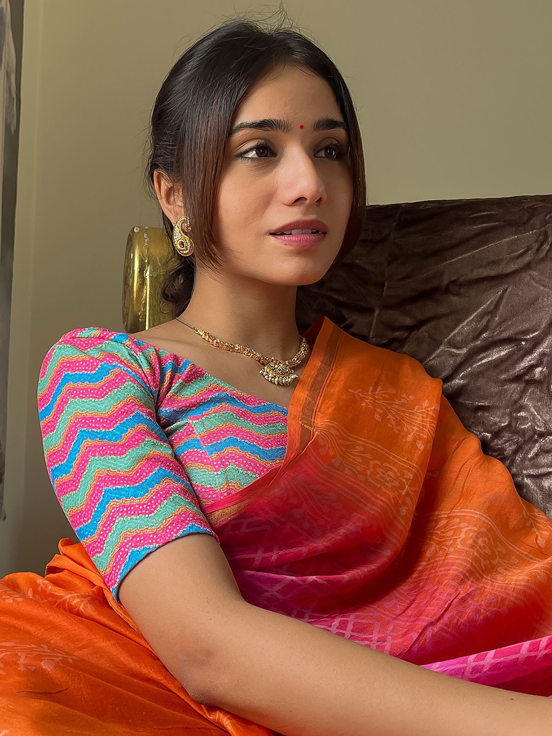 

Bindigasm's Advi Geometric Printed Zari Jacquard & Lycra Saree Blouse, Orange