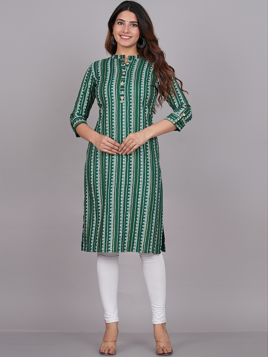 

Lovista Striped Printed Mandarin Collar Regular Straight Kurta, Green