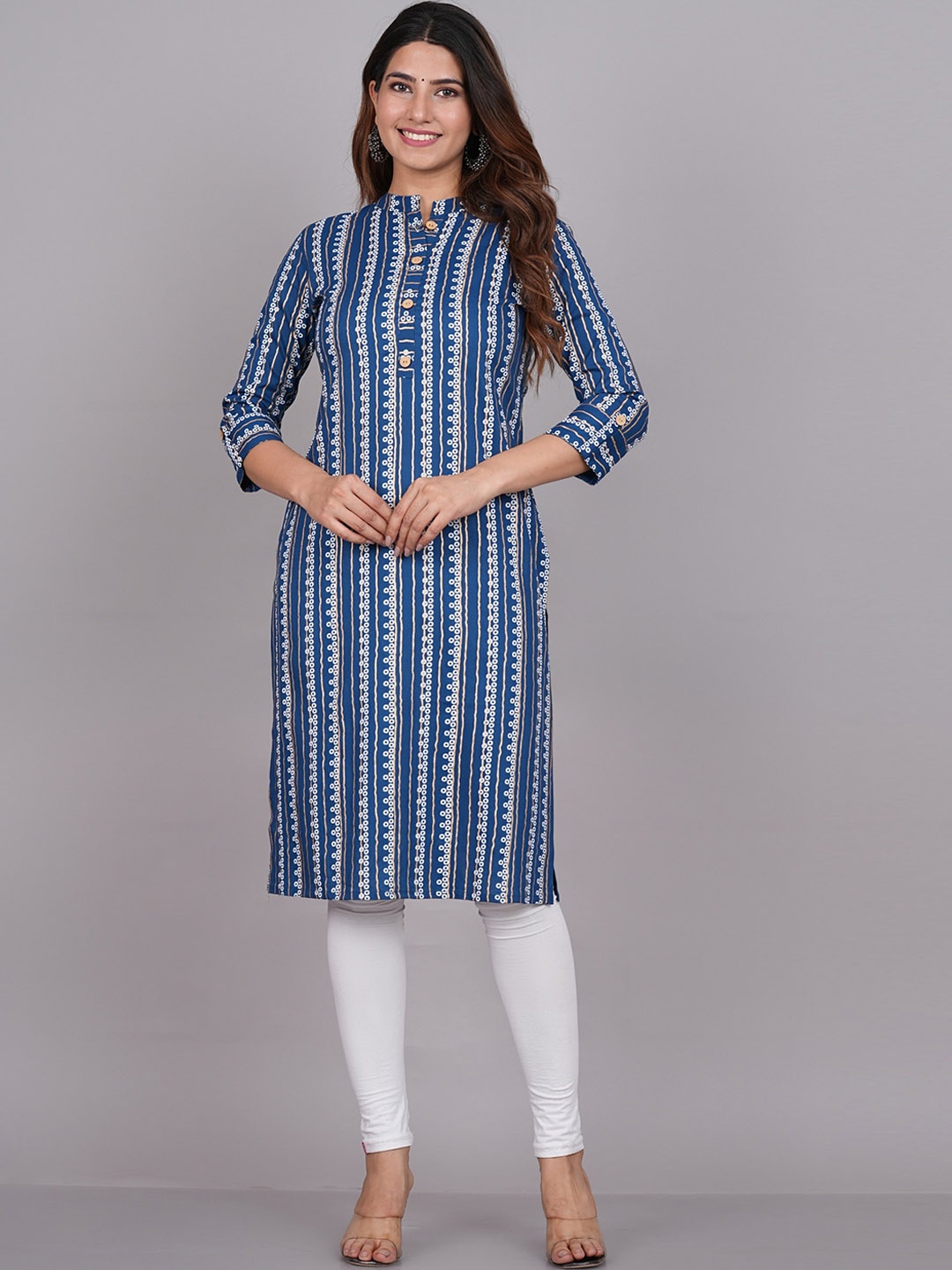 

Lovista Striped Printed Mandarin Collar Regular Straight Kurta, Blue