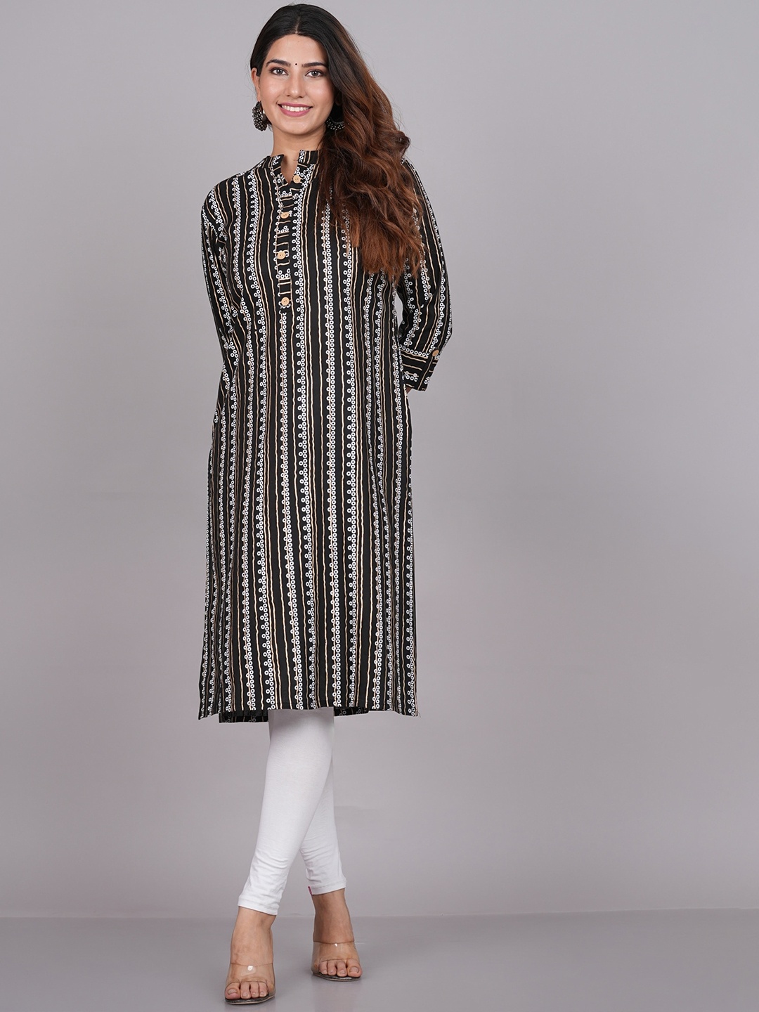 

Lovista Striped Printed Mandarin Collar Regular Straight Kurta, Black