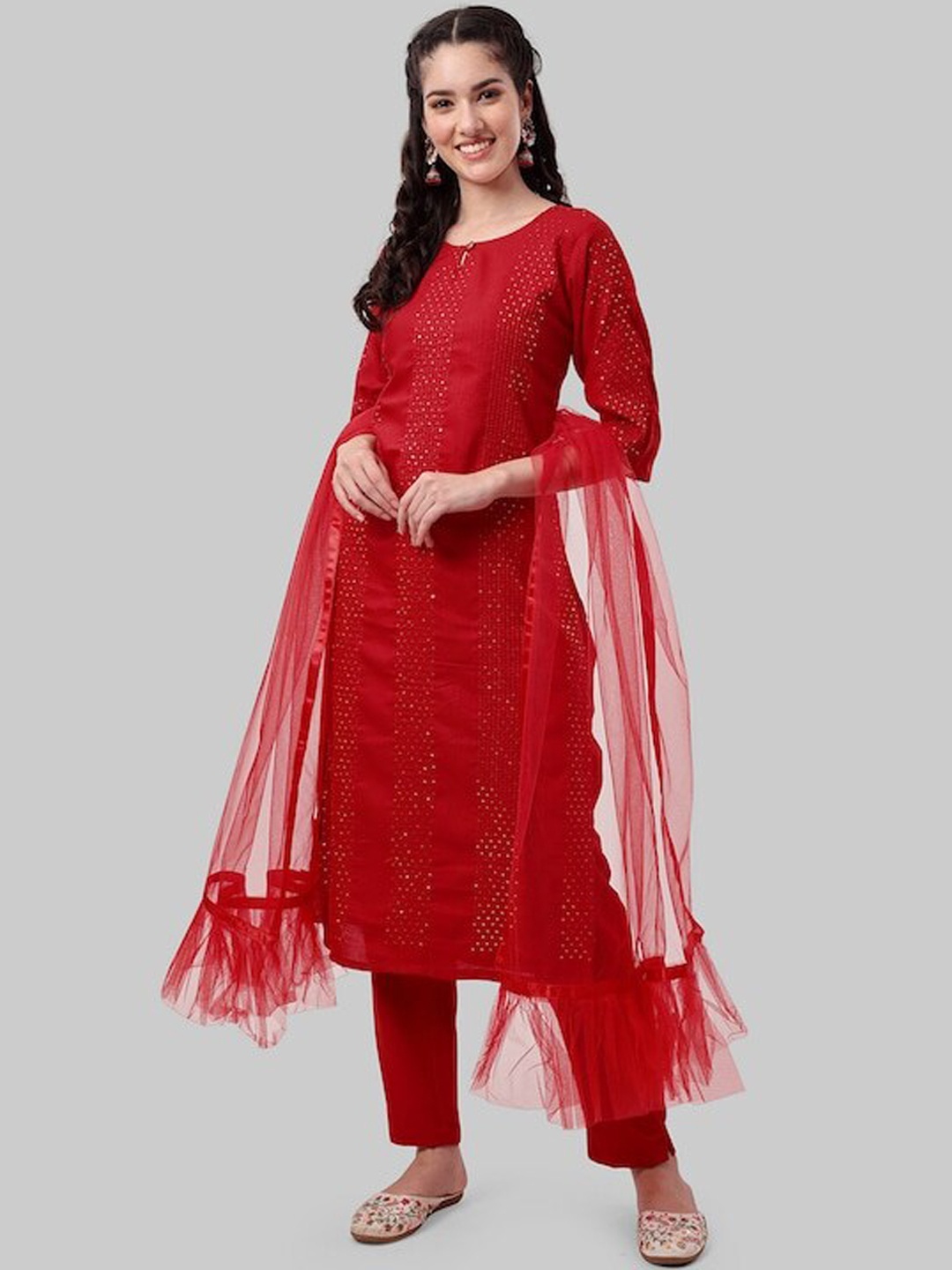 

KALINI Women Red Embroidered Regular Sequinned Kurta with Trousers & With Dupatta