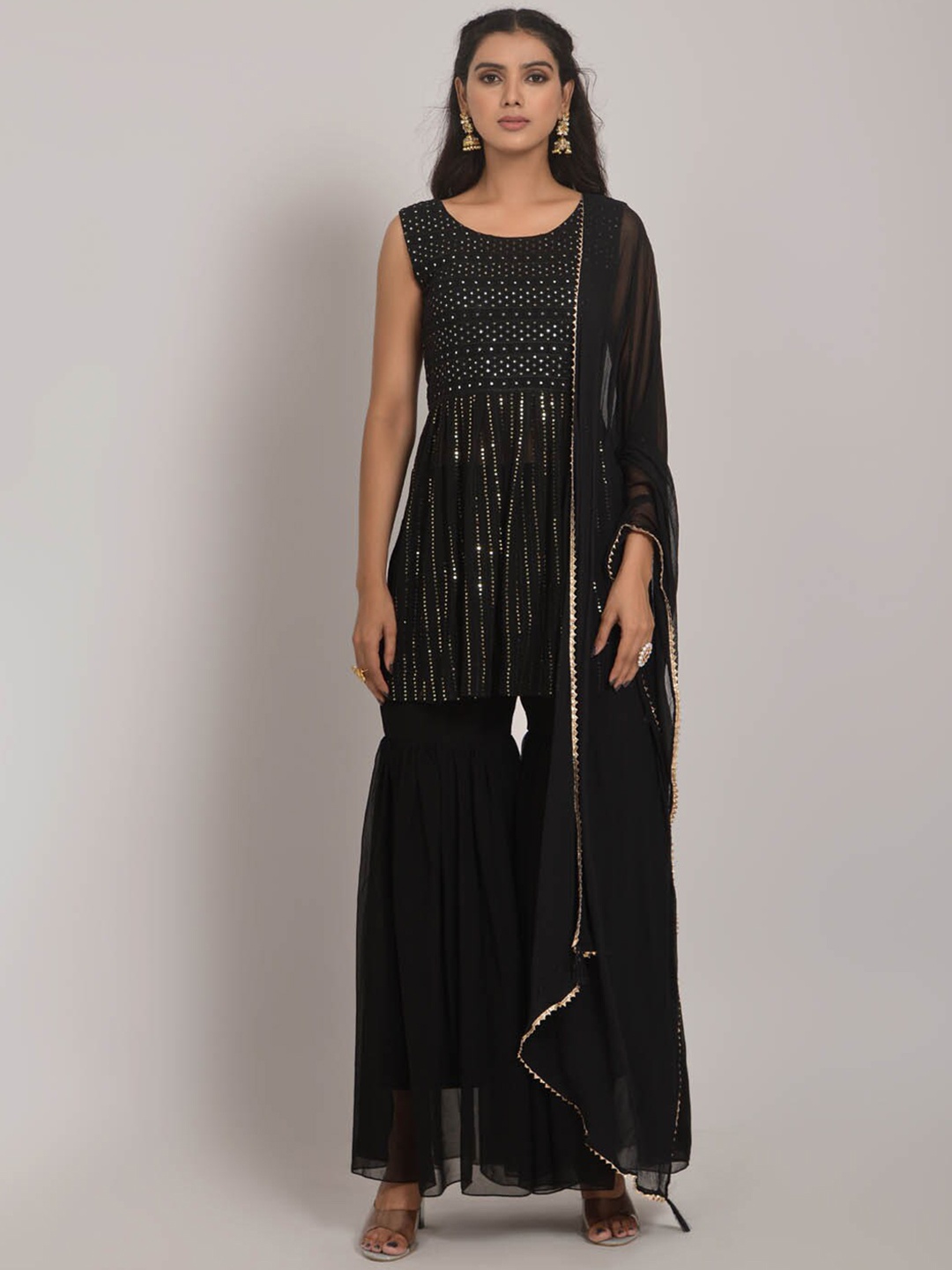 

KALINI Women Black Embroidered Regular Sequinned Kurta with Sharara & With Dupatta