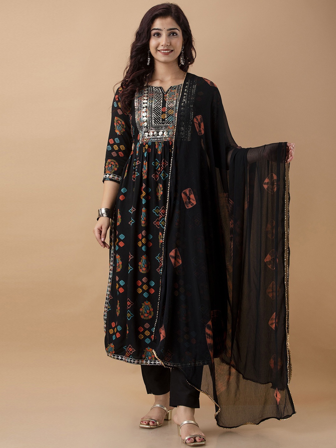 

KALINI Ethnic Motifs Printed Sequinned A-Line Kurta With Trousers & Dupatta, Black