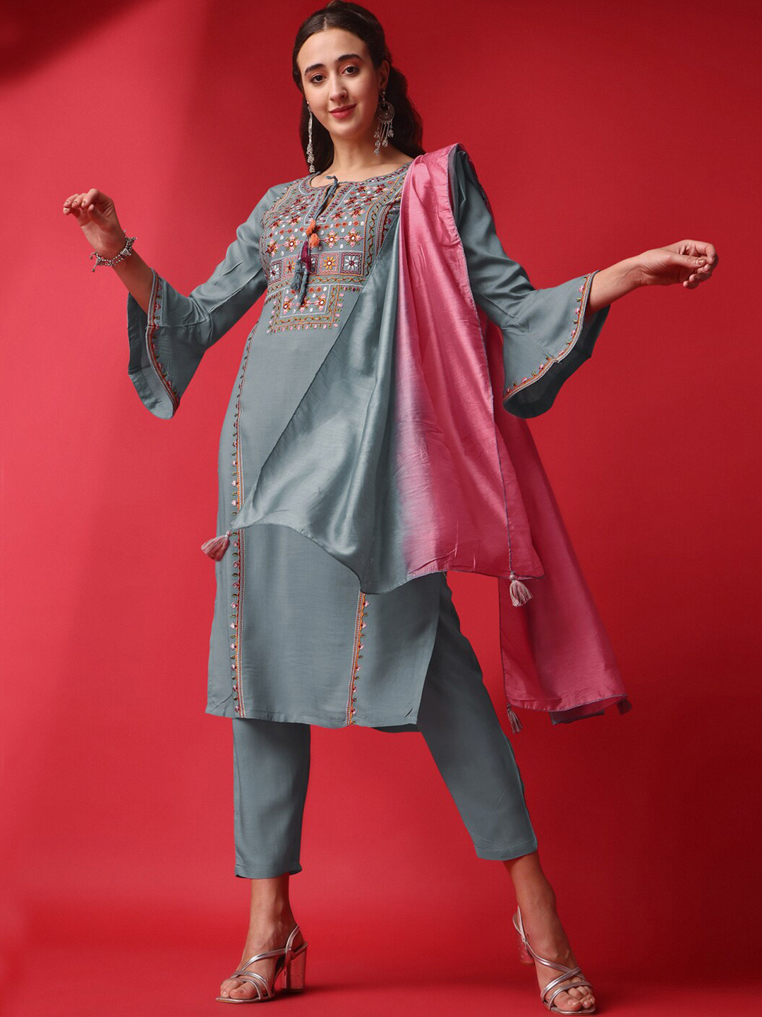 

KALINI Ethnic Motifs Yoke Design Thread Work Kurta With Trousers & Dupatta, Grey