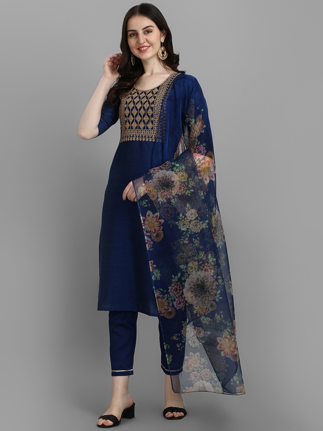 

KALINI Women Navy Blue Embroidered Regular Thread Work Kurta with Trousers & With Dupatta