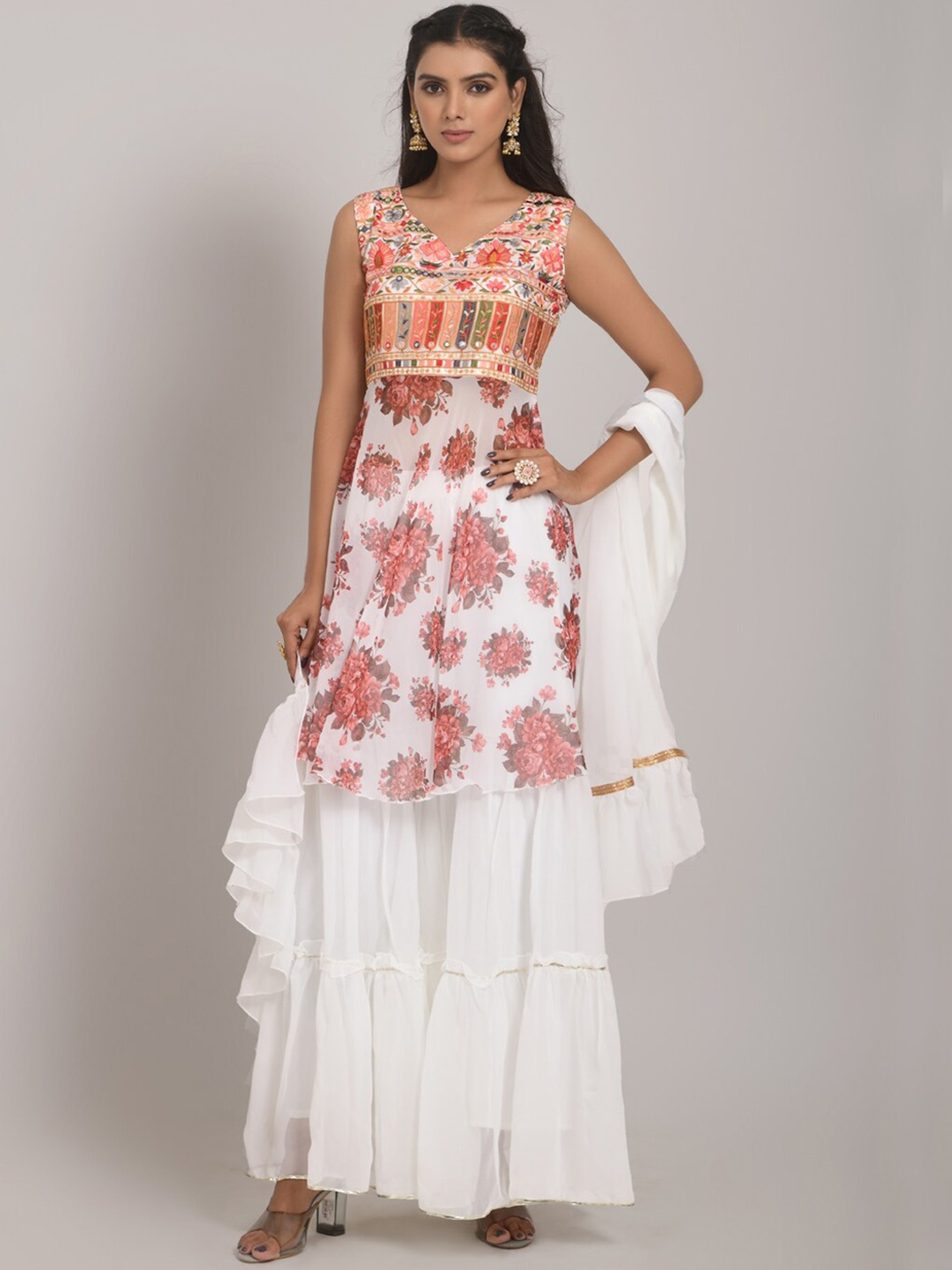 

KALINI Women White Embroidered Regular Thread Work Kurti with Sharara & With Dupatta