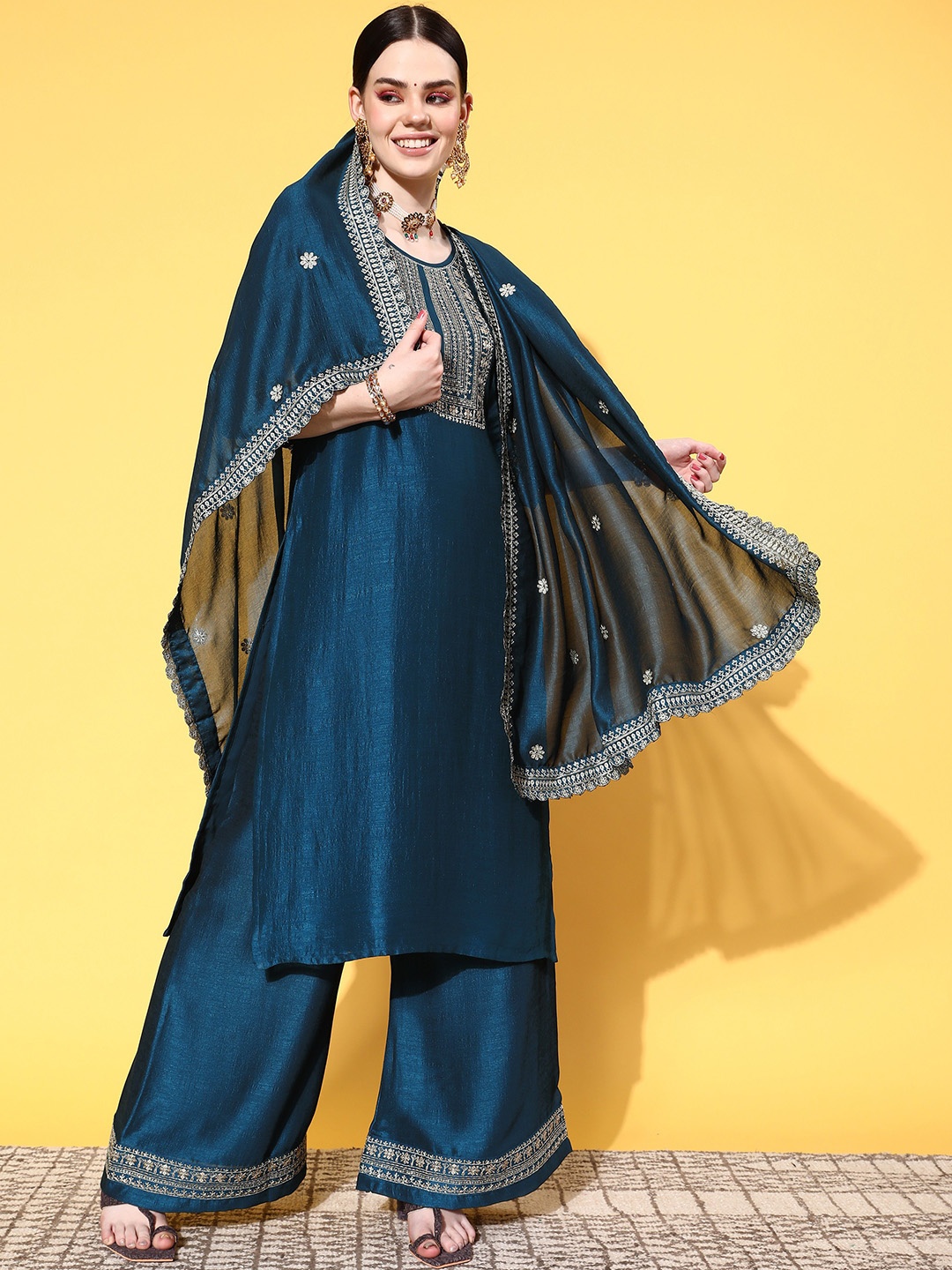 

KALINI Women Blue Embroidered Regular Kurta with Palazzos & With Dupatta
