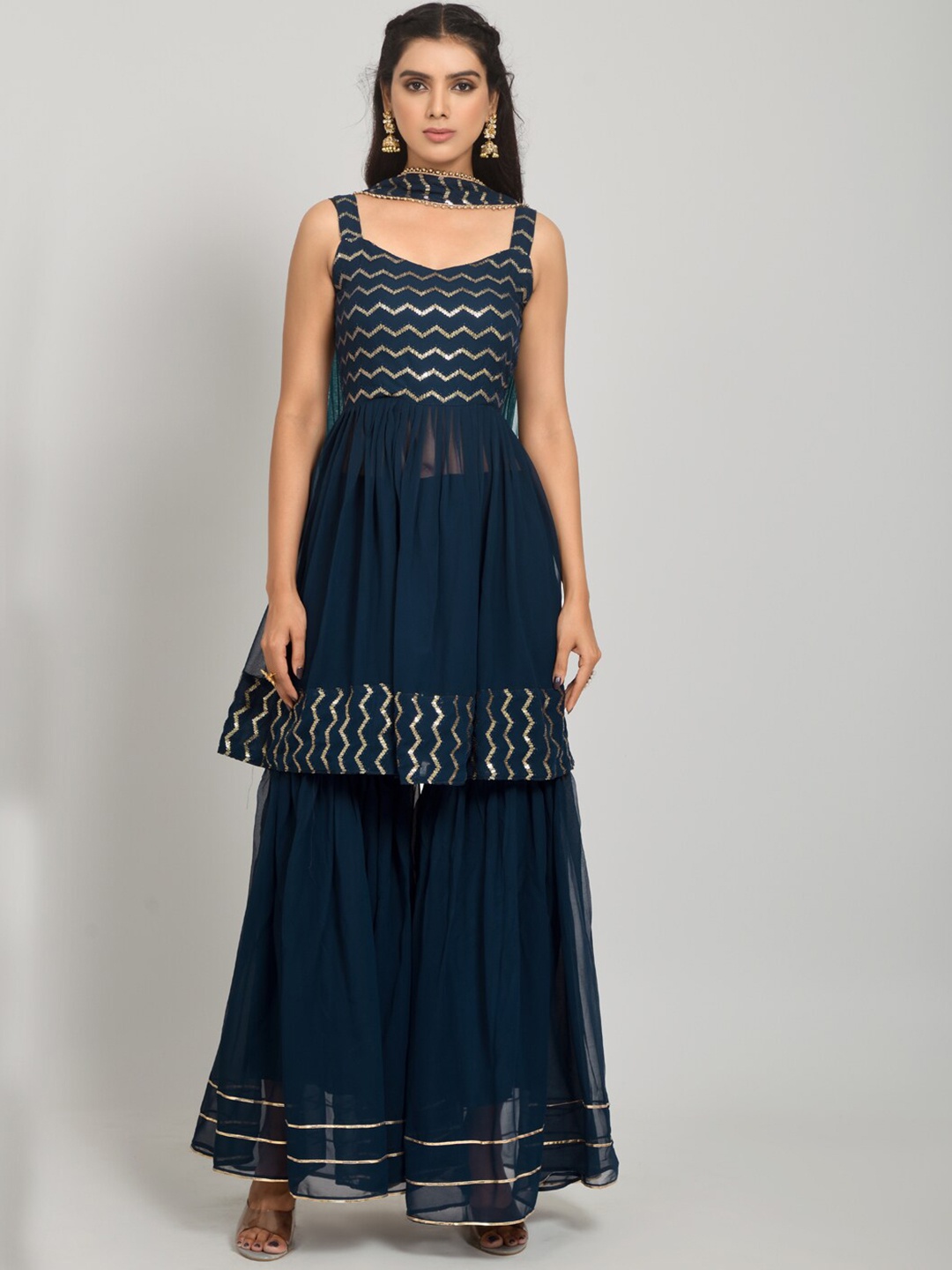 

KALINI Women Navy Blue Embroidered Regular Thread Work Kurta with Sharara & With Dupatta