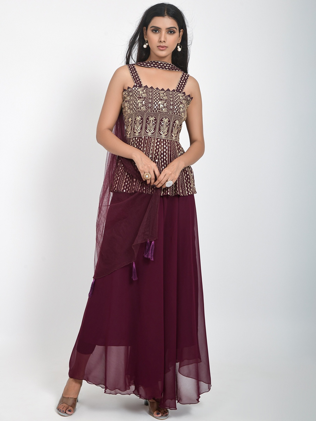 

KALINI Women Maroon Embroidered Regular Sequinned Kurta with Skirt & With Dupatta