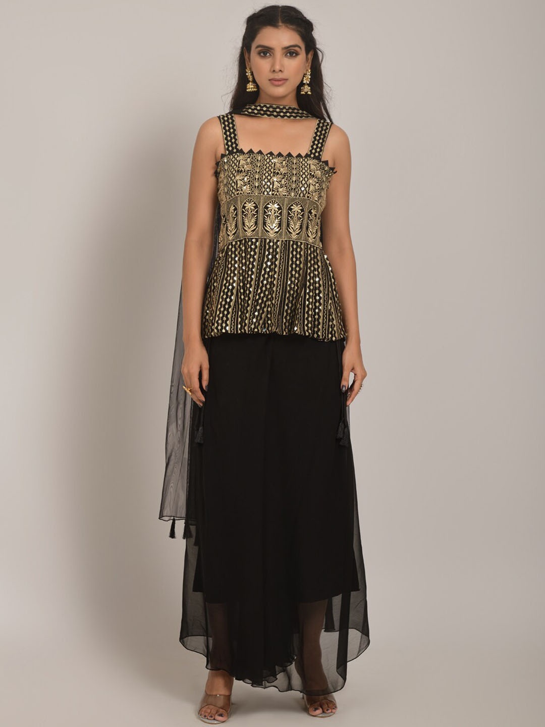 

KALINI Women Black Embroidered Regular Sequinned Kurti with Skirt & With Dupatta