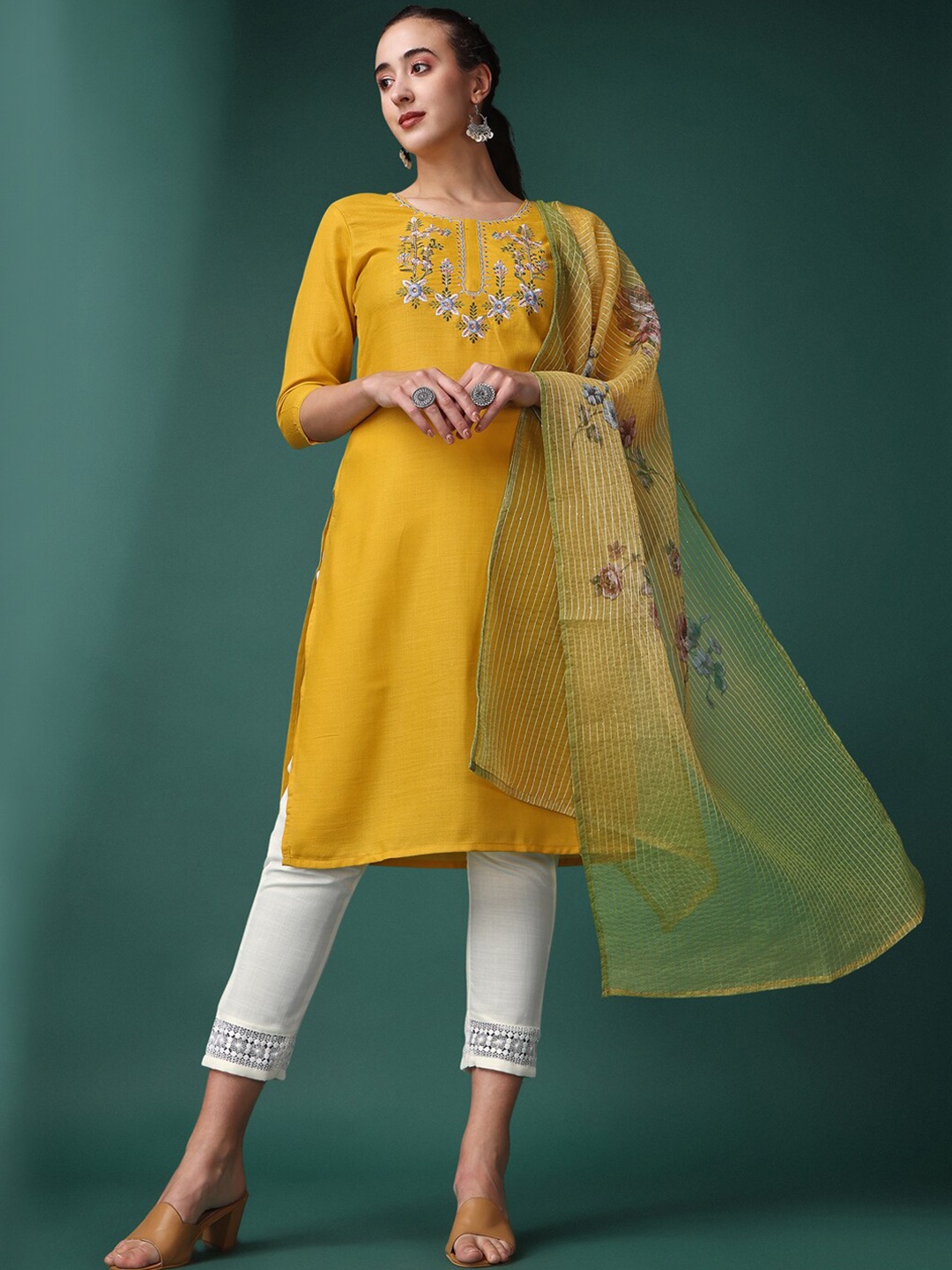 

KALINI Floral Yoke Design Thread Work Detail Straight Kurta With Trousers & Dupatta, Yellow