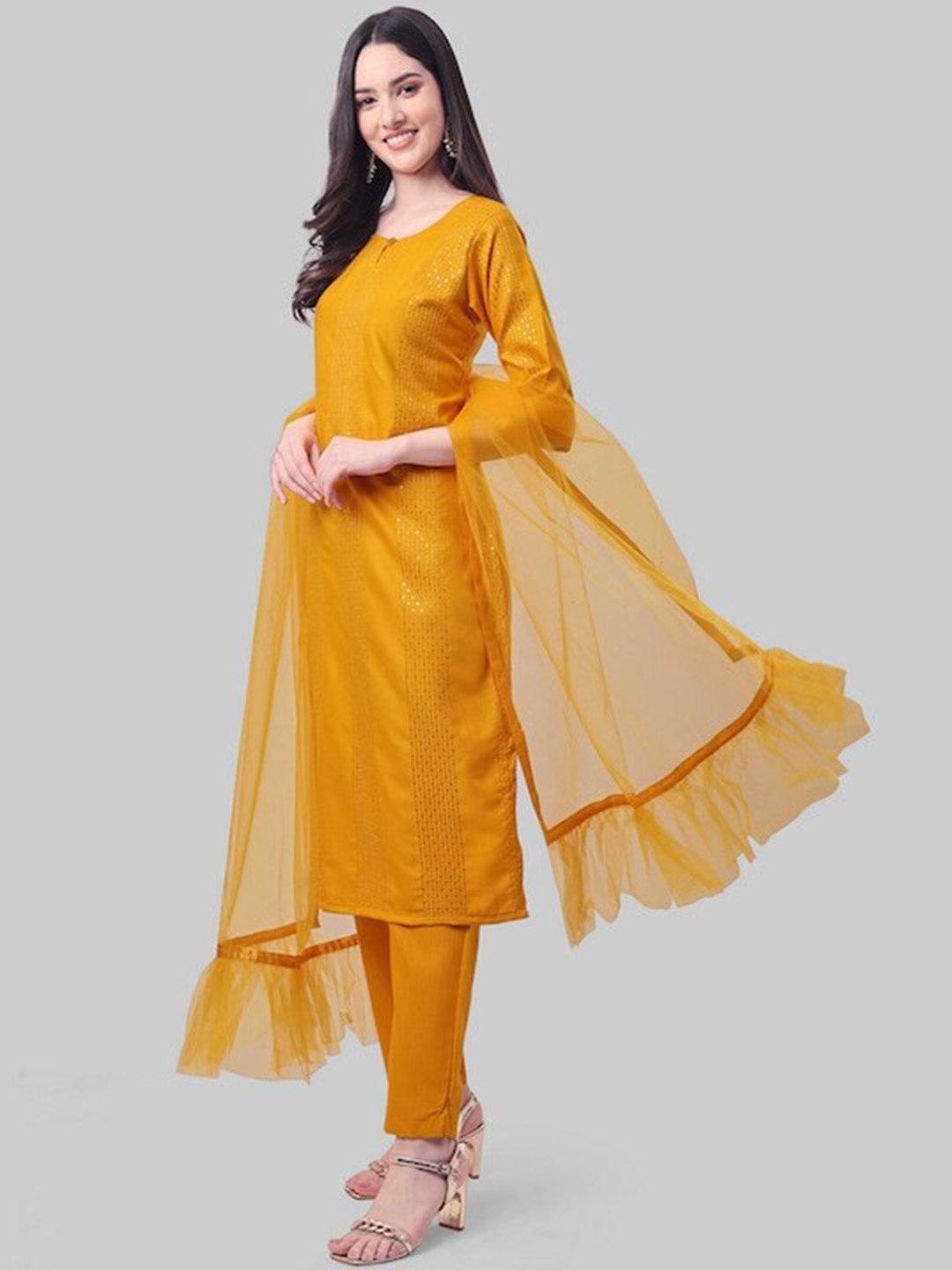 

KALINI Women Yellow Embroidered Regular Sequinned Kurta with Trousers & With Dupatta