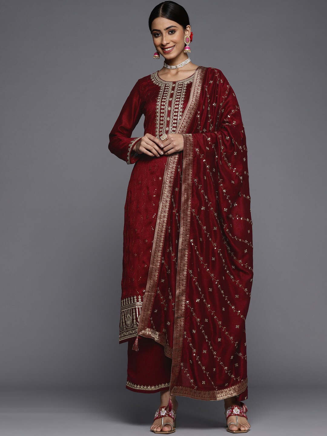 

KALINI Ethnic Motifs Embroidered Regular Kurta With Palazzos & Dupatta, Maroon