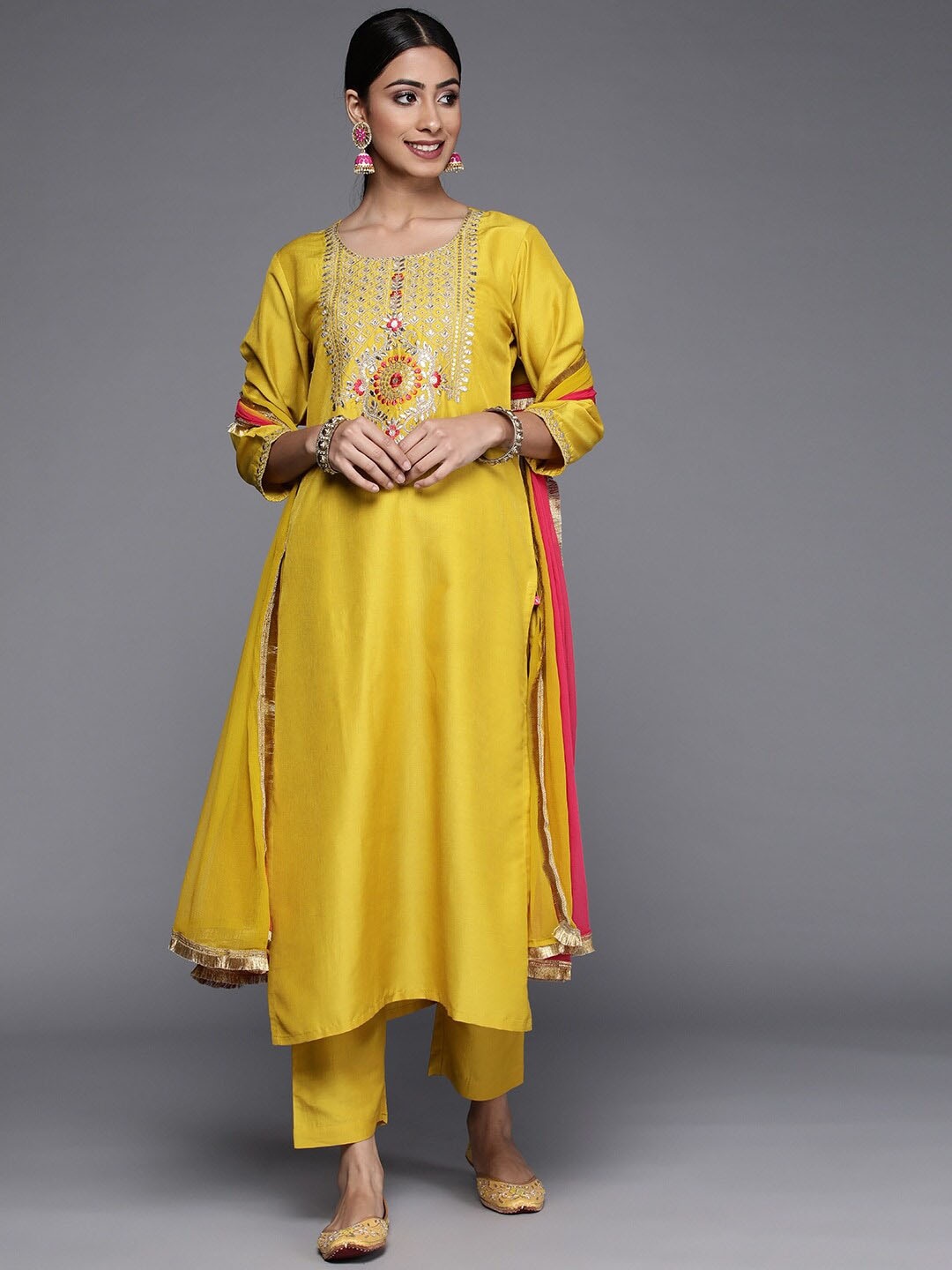 

KALINI Floral Embroidered Thread Work Kurta With Trousers & Dupatta, Yellow