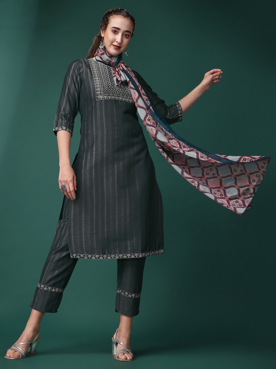 

KALINI Women Grey Printed Regular Thread Work Kurta with Trousers & With Dupatta