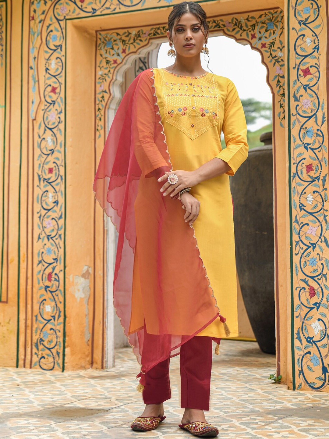 

KALINI Women Yellow Embroidered Regular Kurta with Trousers & With Dupatta