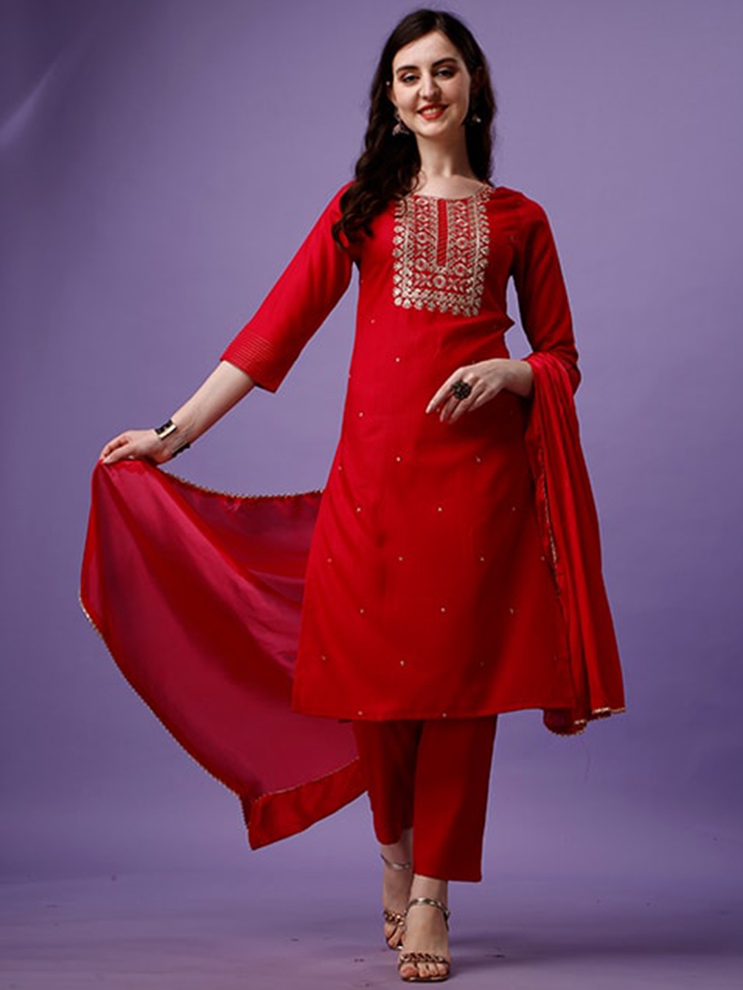 

KALINI Women Red Embroidered Regular Thread Work Kurta with Trousers & With Dupatta