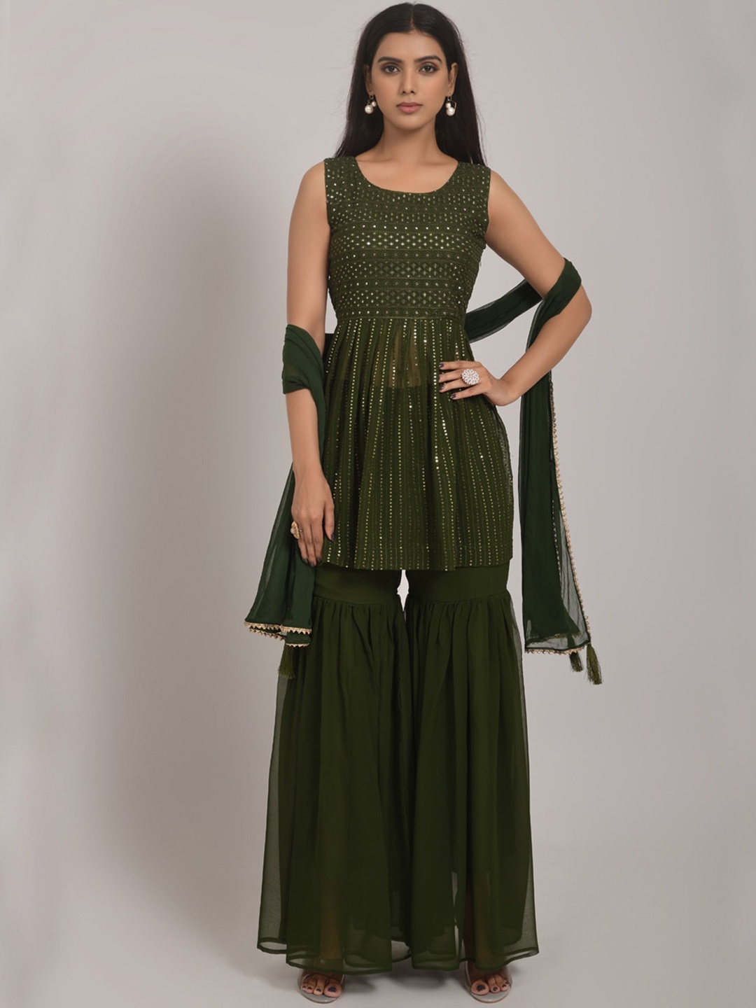 

KALINI Embellished Mirror Work Kurti with Sharara & Dupatta, Olive