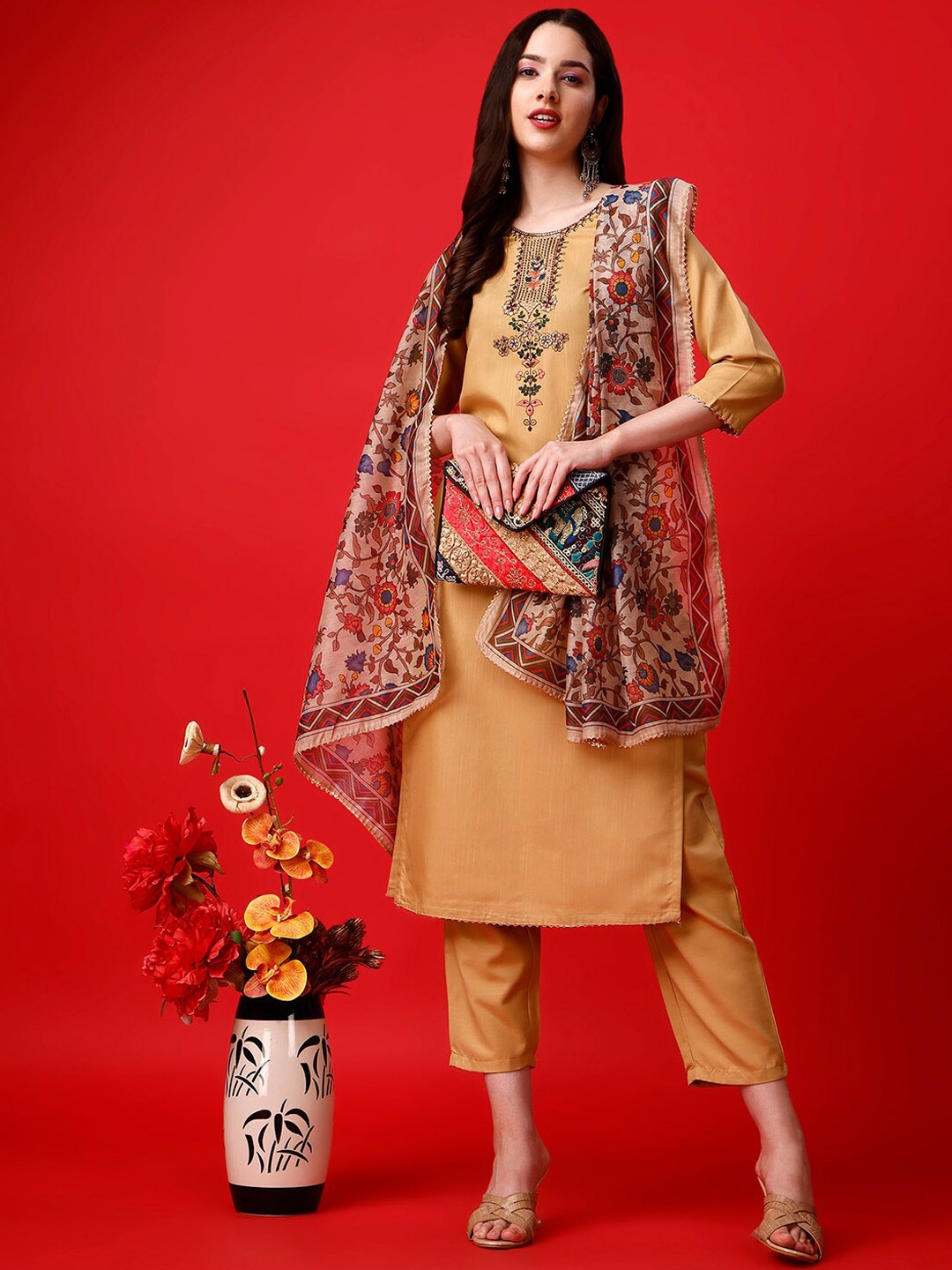 

KALINI Embroidered Straight Kurta With Trouser & Dupatta, Mustard