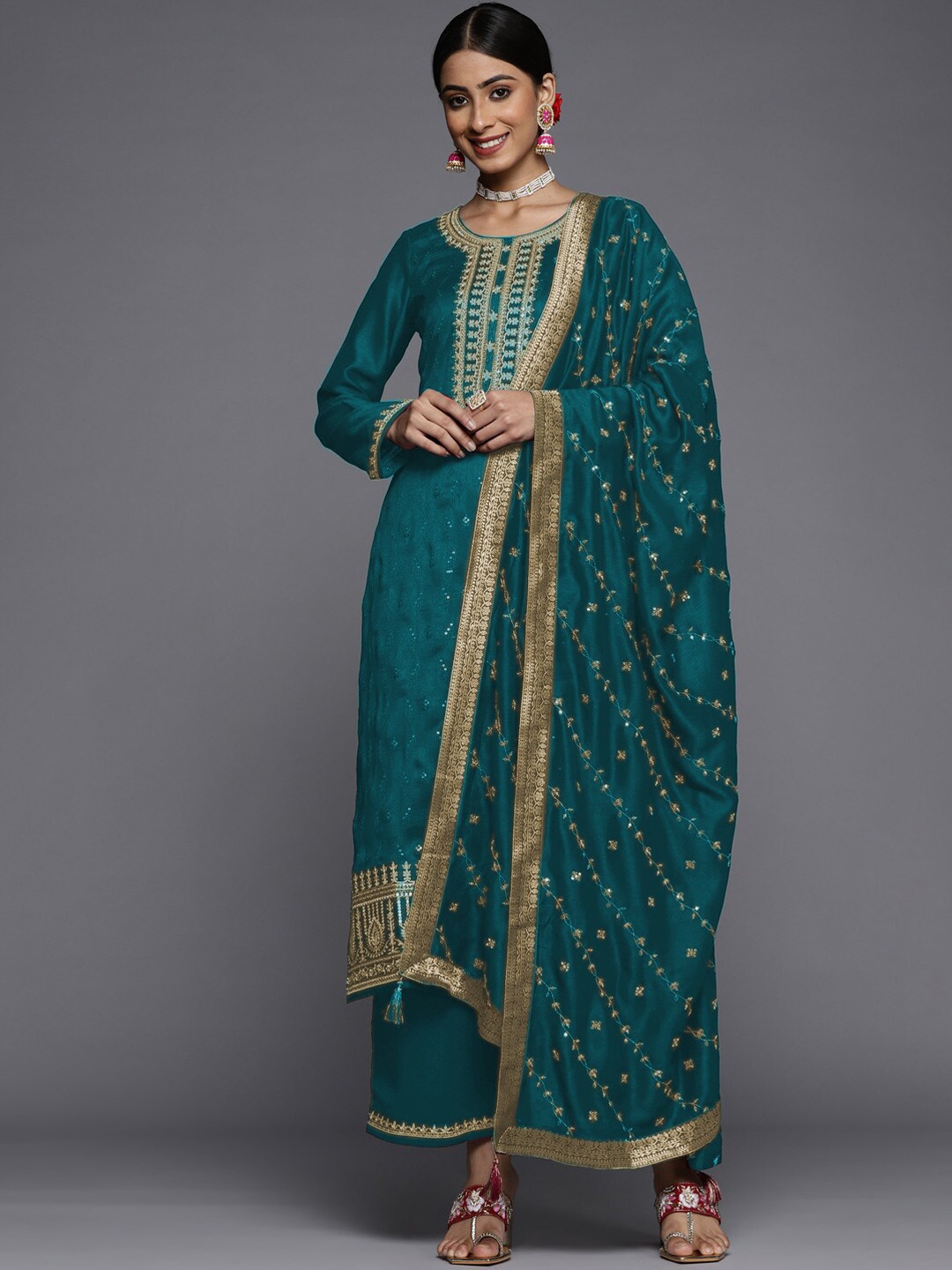 

KALINI Embroidered Kurta with Palazzos & Dupatta, Turquoise blue