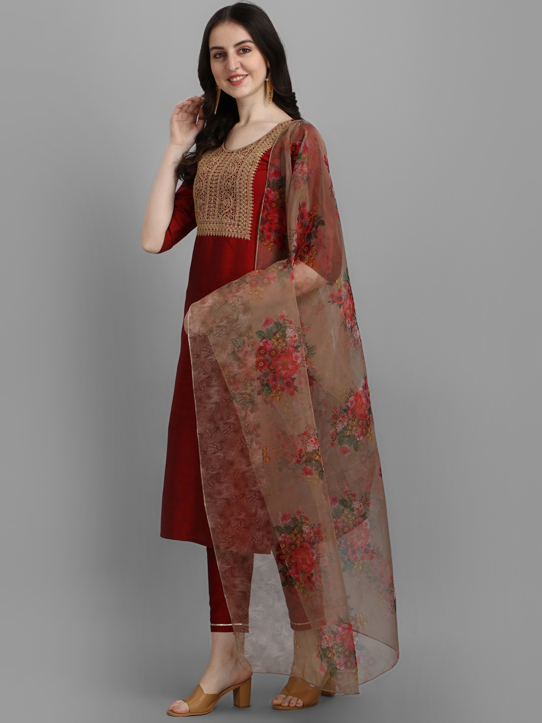 

KALINI Ethnic Motifs Embroidered Thread Work Kurta With Trousers & Dupatta, Maroon