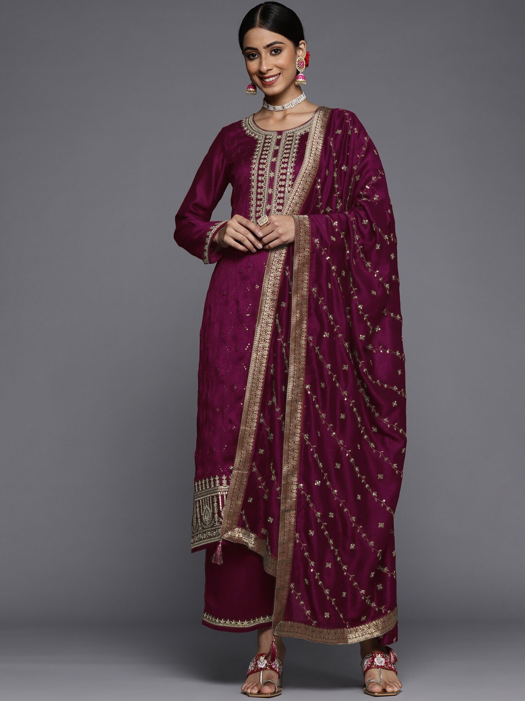 

KALINI Embroidered Regular Kurta with Palazzos & Dupatta, Maroon