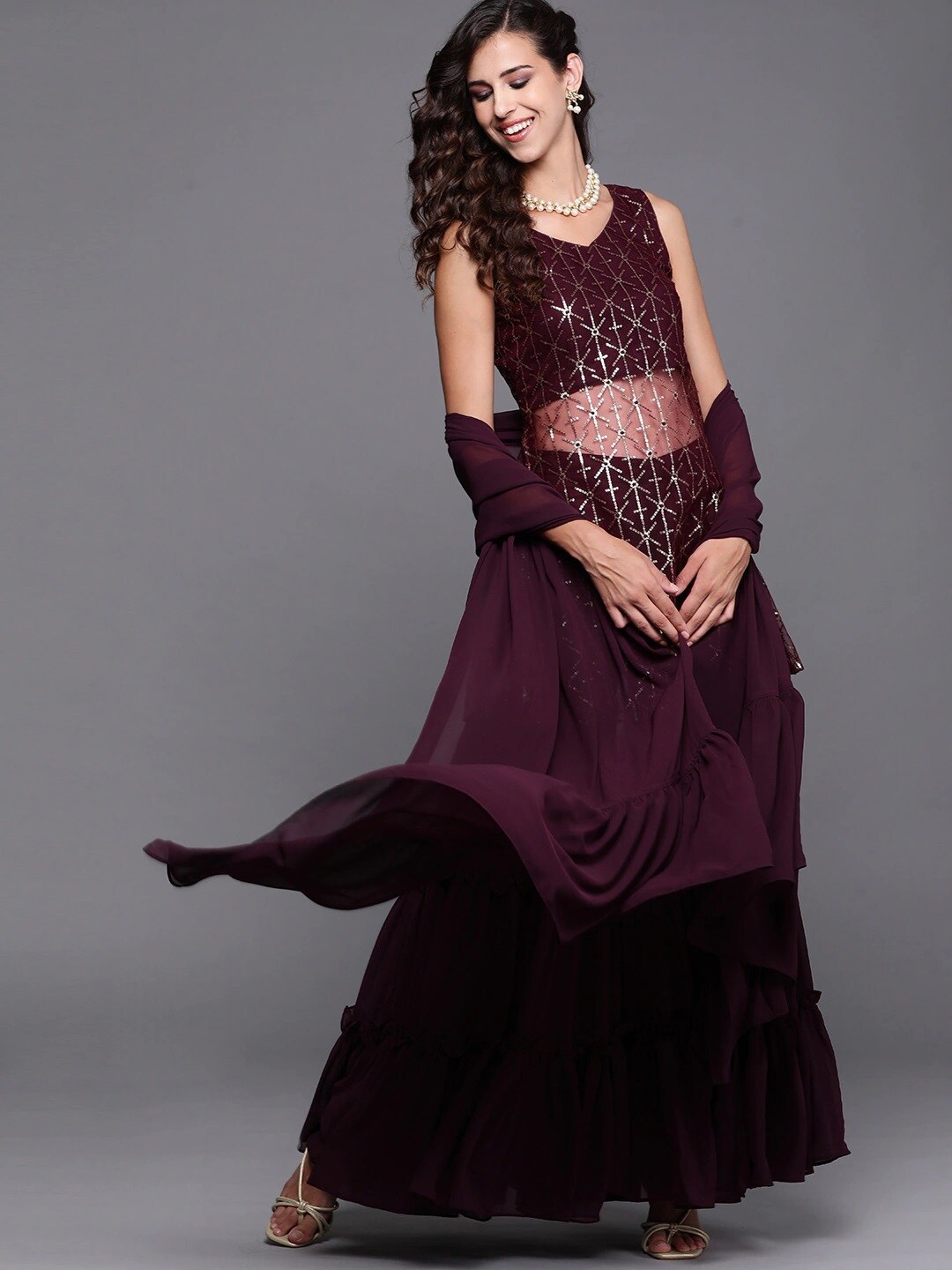 

KALINI Embroidered Sequinned Kurta with Sharara & With Dupatta, Maroon