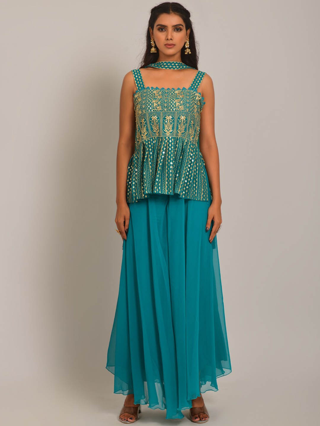 

KALINI Embroidered Regular Gotta Patti Kurti with Skirt & With Dupatta, Turquoise blue