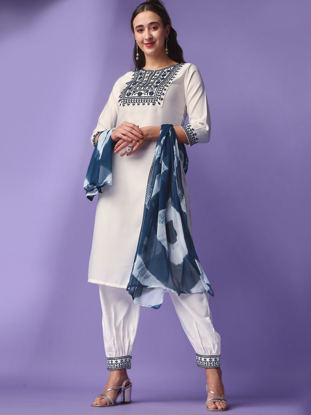 

KALINI Embroidered Regular Kurta With Salwar & Dupatta, Off white